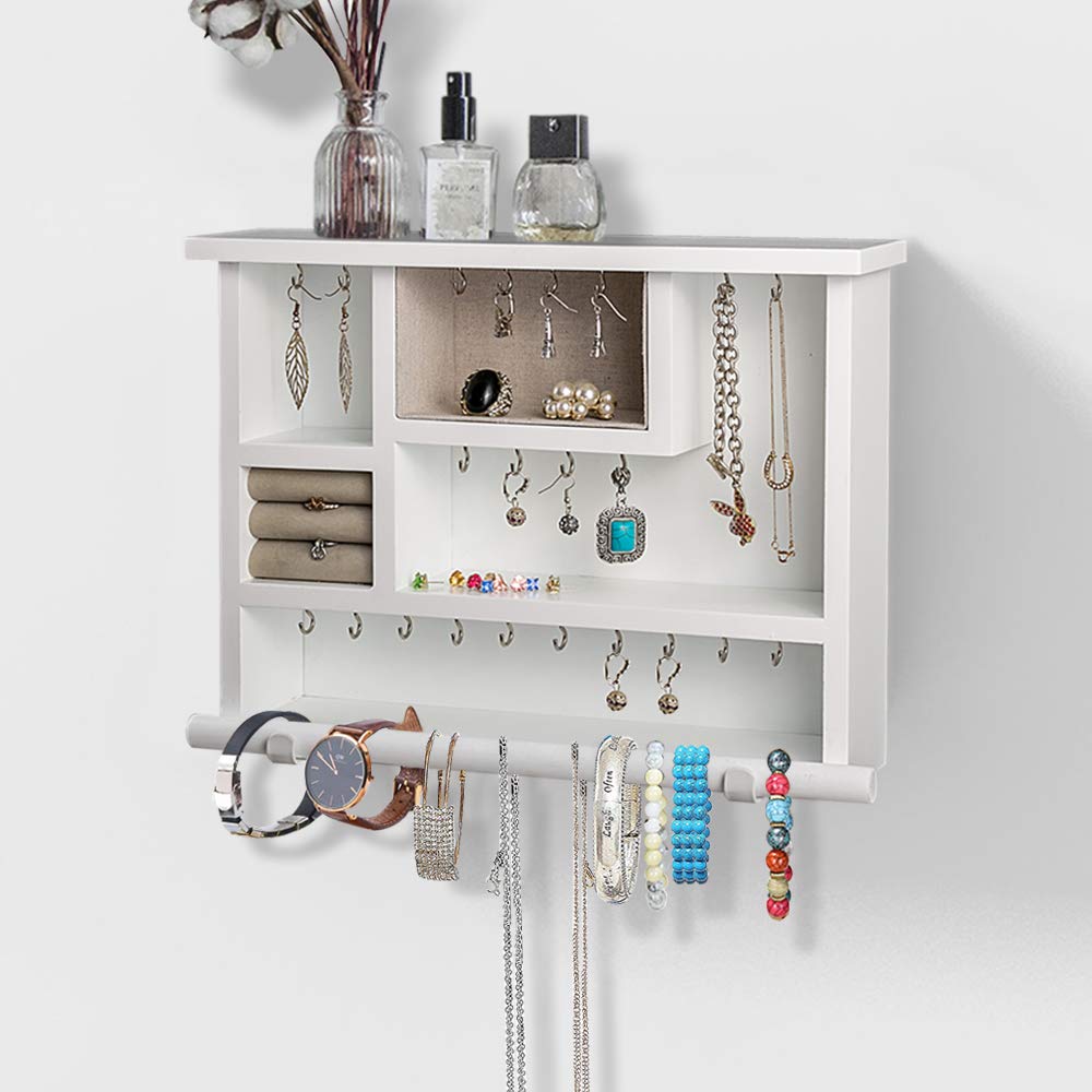 White Hanging Jewelry Organizer Wall Mounted - Display for Necklaces, Earrings, Rings & Bracelets - Perfect for Bedroom, Closet & Travel Accessory Storage