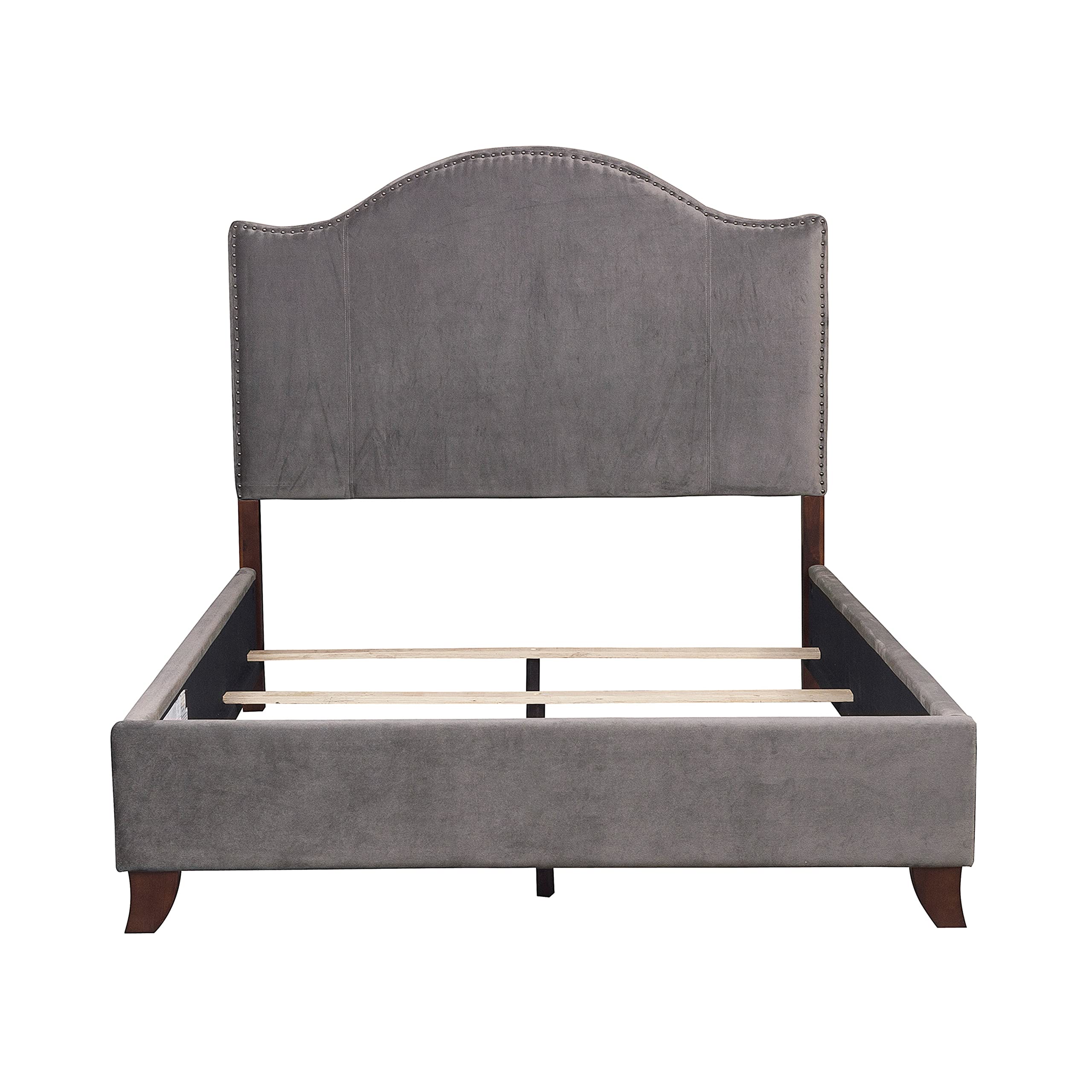 Lexicon Queen Bed Frame with Upholstered Headboard - Traditional Velvet Bed Frame Queen Size with Nailhead Trim & Camelback Design - No Box Spring Needed, Easy Assembly, Gray - Perfect for Master Bedrooms & Guest Rooms