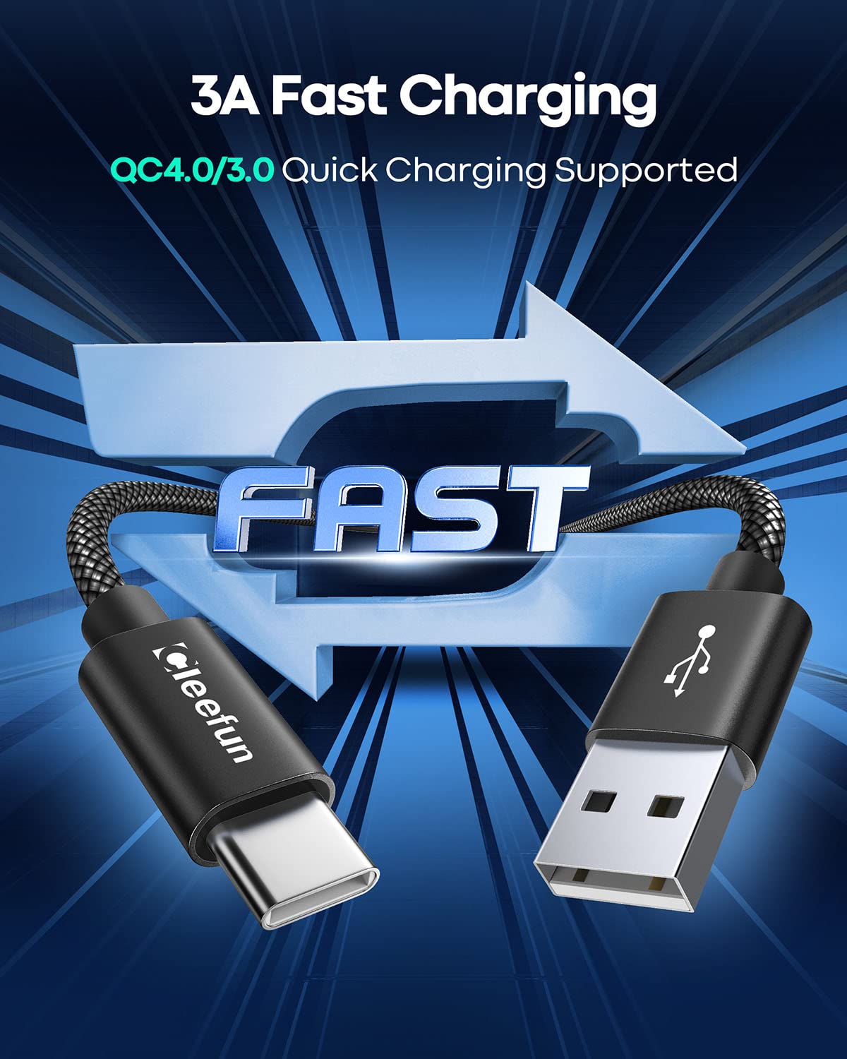 CLEEFUN 10ft USB C to USB A Fast Charging Cable - 3A High Speed Charger Cord for iPhone 15/16 Pro Max, Samsung Galaxy S24/S23/S22/S21 Ultra, PS5/Xbox Series X/S Controller - Perfect for Gaming, Travel & Home Charging