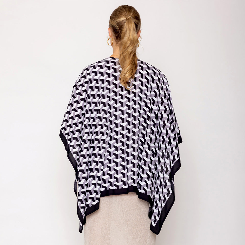Stylish Black & White Geometric Print Ruana Poncho Shawl Wrap - Perfect for Fall Fashion, Casual Outings & Boho Chic Looks