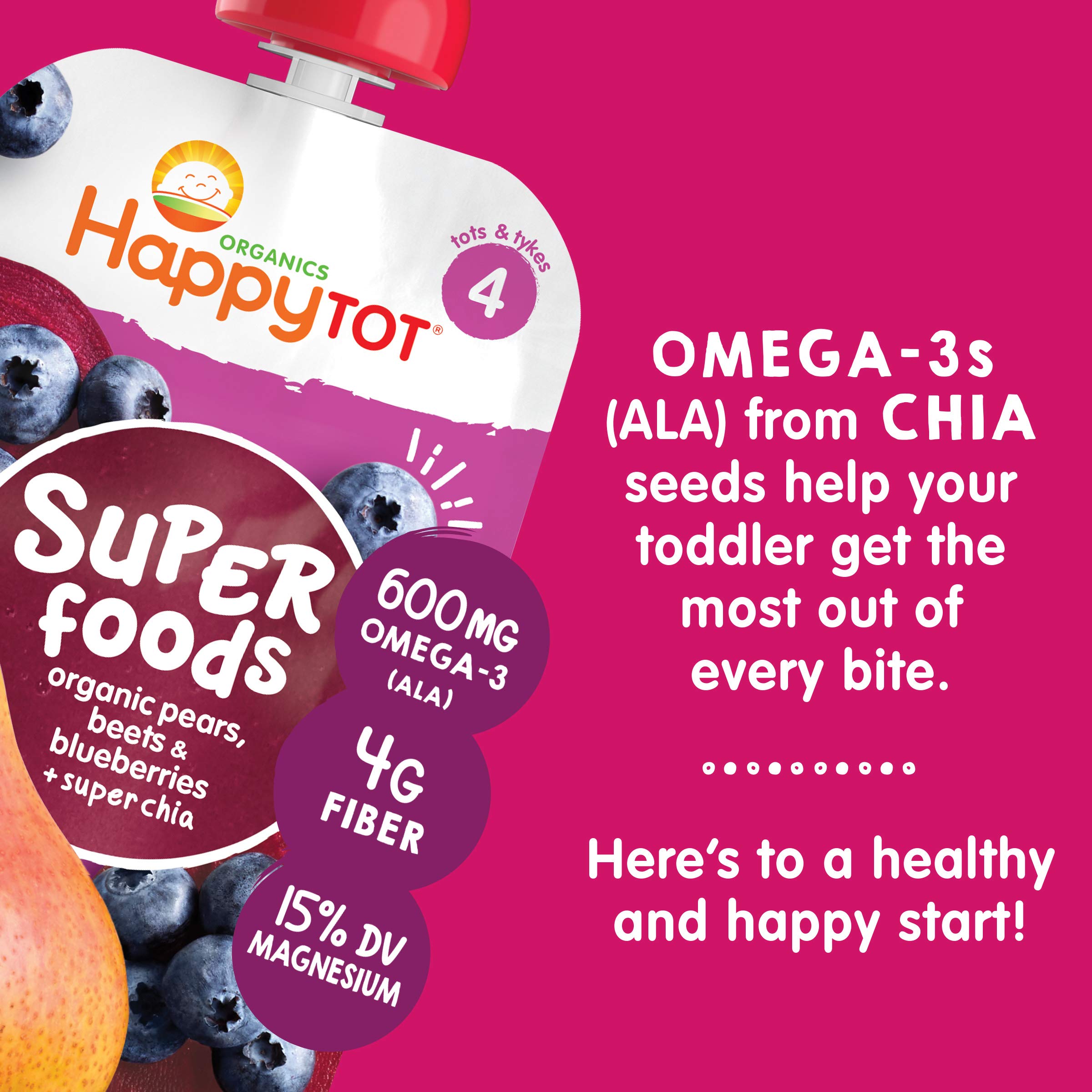 Happy Tot Organics Stage 4 Baby Food Pouches - Gluten Free Vegan Snacks with SuperFoods Fruit & Veggie Puree (Pears, Blueberries, Beets & Chia) - 4.22oz Pack of 16 - Perfect for On-the-Go Meals & Healthy Toddler Snacking