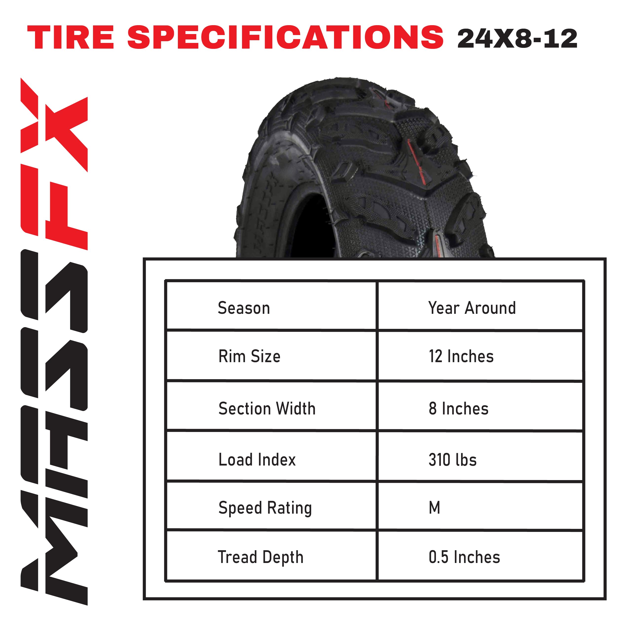 **MASSFX Grinder 24x8-12 Front ATV Tire – 6-Ply All-Terrain Off-Road Tires with Chip & Tear Resistance, Micro Tread Technology for Soft & Hard Pack Ground (2 Pack) – Ideal for Trail Riding, Mudding & Off-Road Adventures**