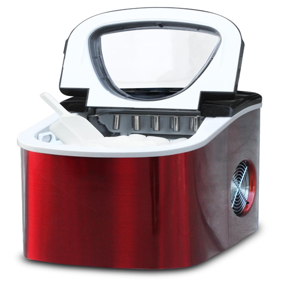 FRIGIDAIRE RIC117-SSRED Stainless Steel Countertop Ice Maker - Medium Red - Fast Ice Production for Home, Office, and Parties