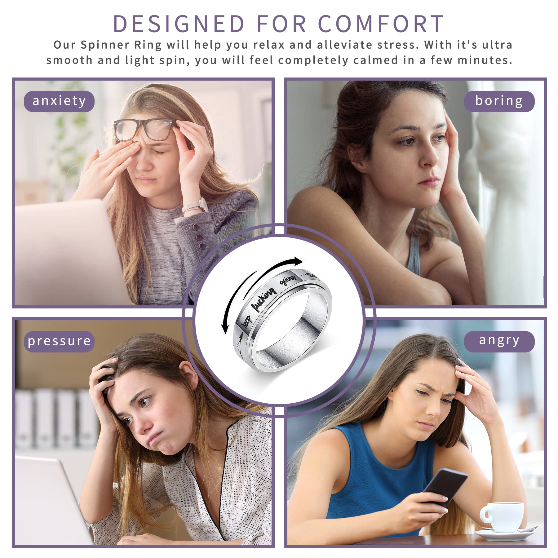 Stainless Steel Spinner Ring for Women & Men - Anxiety Relief Fidget Ring, Stress Relieving Therapy Jewelry, 'I Am Enough' Inspirational Promise Ring (Size 5-10) - Perfect for ADHD, Anxiety & Focus at Work or School