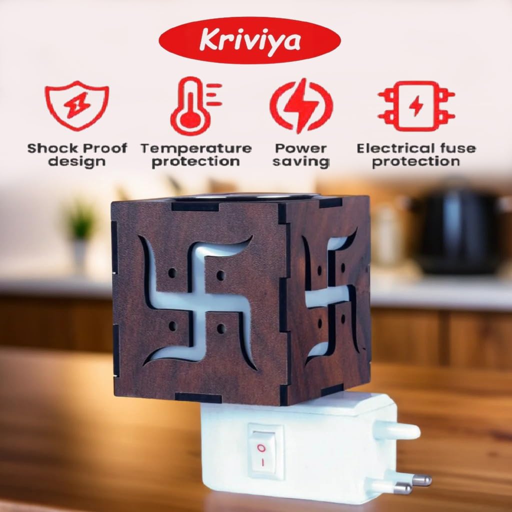 Kriviya Premium Electric Kapoor Dani - Aromatherapy Diffuser & Night Light for Home, Living Room | Camphor & Incense Holder with Wood Swastik Design | Perfect for Relaxation, Meditation & Home Decor