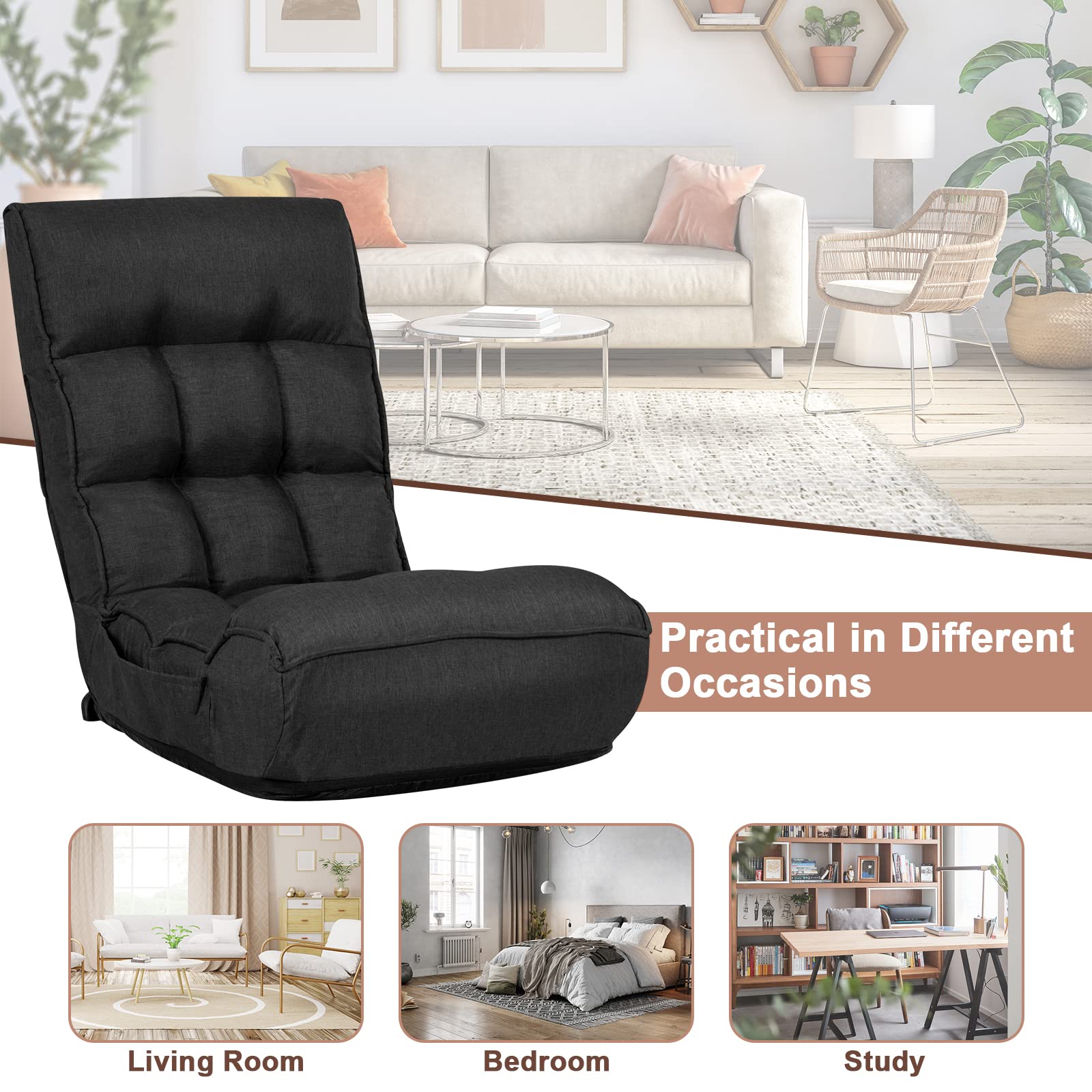 SAFSTAR Adjustable Folding Floor Chair - 5-Position Headrest & 4-Position Backrest Gaming Chair with Thick Cushion & Side Pocket - Comfortable Padded Seat for Living Room, Bedroom, Gaming, Reading & Relaxing