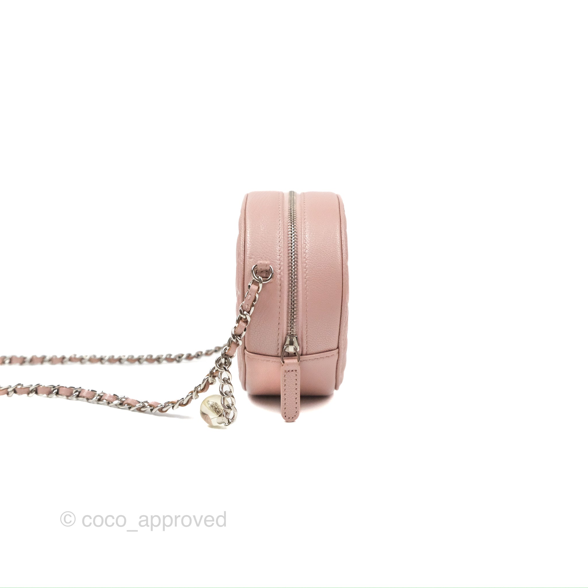 Chanel Camellia Embossed Round Clutch Bag with Chain - Iridescent Light Pink Goatskin Leather & Silver Hardware | Evening Party, Wedding, Special Occasion Accessory