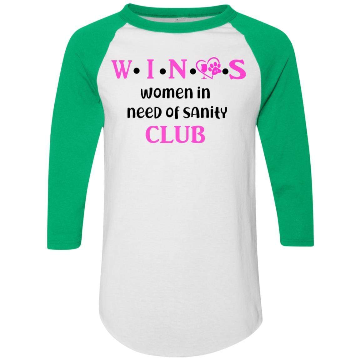 WineyBitches.Co WINOS Club Colorblock Raglan Jersey - Pink Lettering Women's Baseball Tee | Soft Cotton Blend Long Sleeve Shirt for Wine Lovers | Perfect for Wine Tasting Parties & Girls Night Out