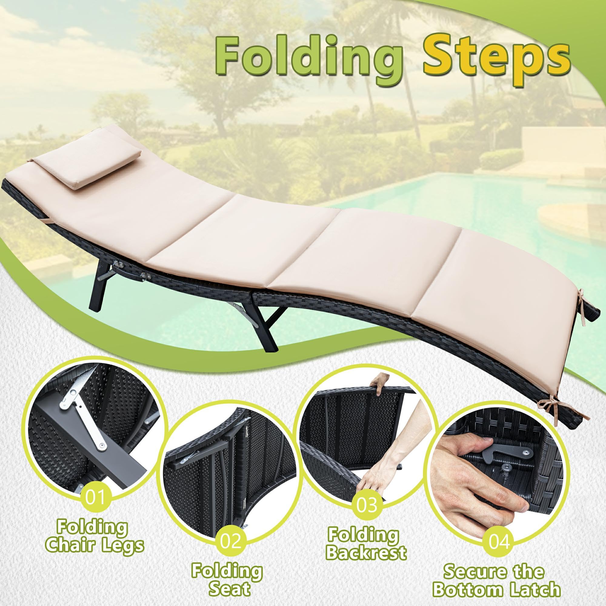 Flamaker 3-Piece Outdoor Chaise Lounge Set with Cushions - Modern PE Wicker Rattan Patio Furniture, Folding Chaise Loungers with Backrest & Side Table - Perfect for Poolside, Backyard, Garden Relaxation (Beige)