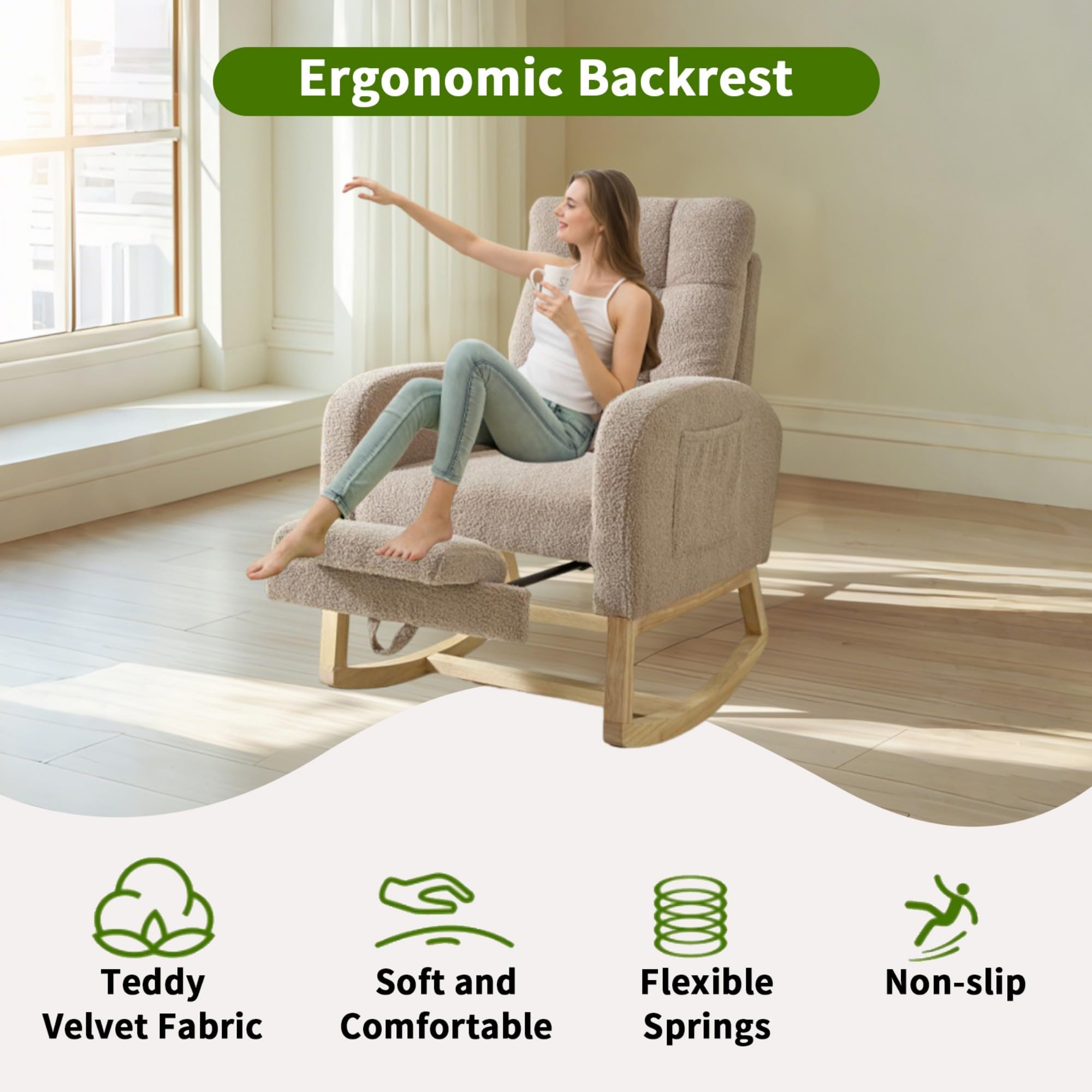 **Adjustable Nursery Rocking Chair with Footrest – Solid Wood Legs, Teddy Fabric, High Backrest & Side Pockets – Comfortable Lounge Armchair for Living Room, Nursery, or Bedroom (Light Coffee)**    *(Perfect for nursing, reading, relaxing, or as a stylish accent chair in your home decor.)*
