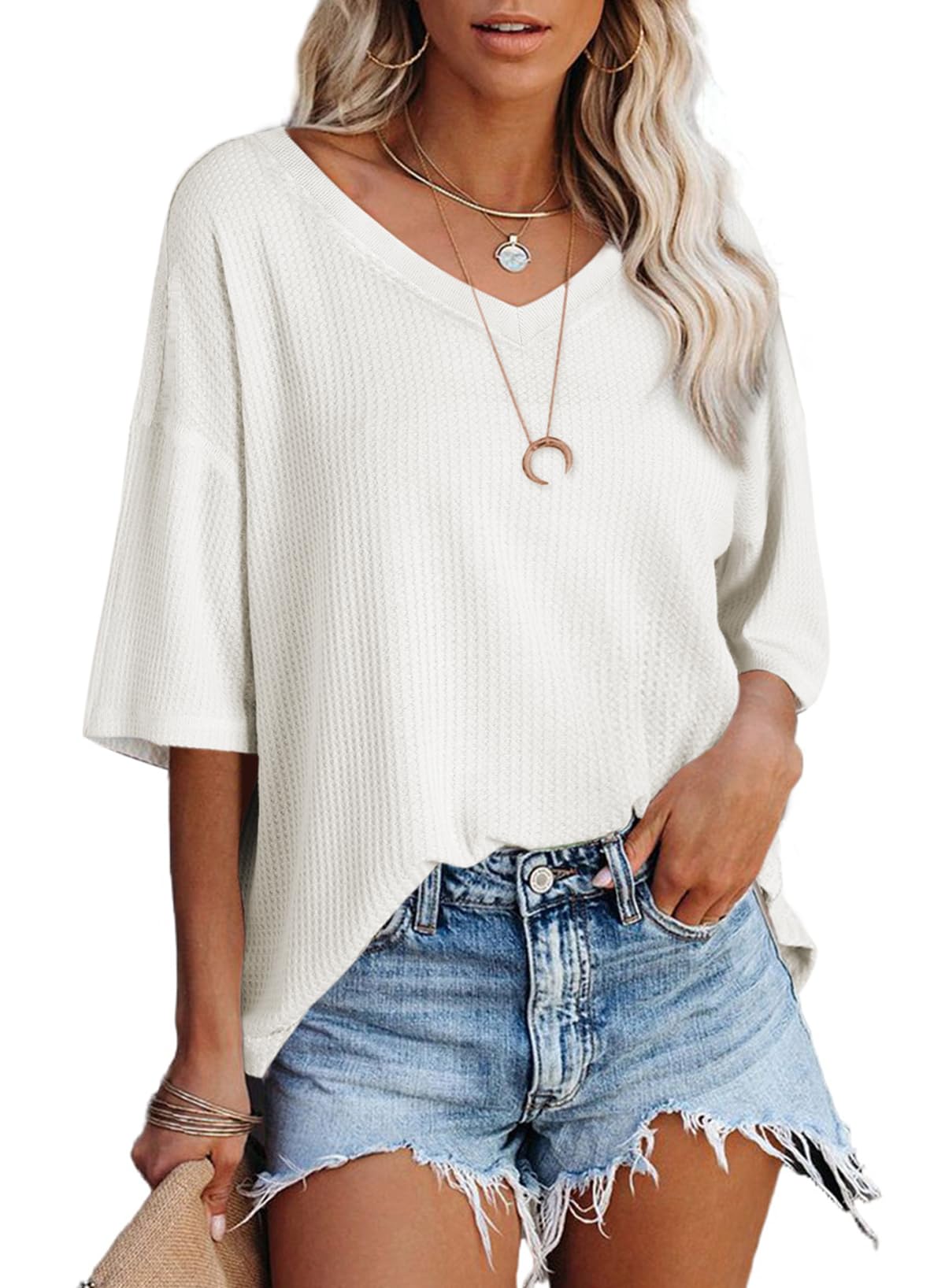 SHEWIN Women's Casual Waffle Knit T-Shirt - Short Sleeve V-Neck Summer Top for Everyday Wear | Perfect for Work, Weekend & Vacation Outfits