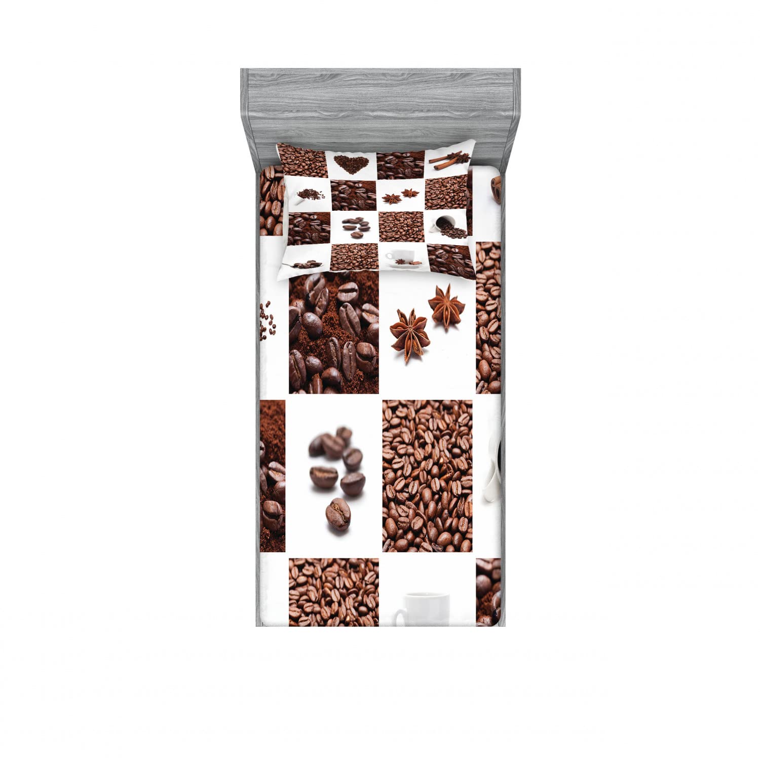 Ambesonne 2-Pack Twin Fitted Sheets & Pillow Sham Set - Roasted Coffee Beans Design, Brown & White 4-Piece Bedding Set - Perfect for Coffee Lovers' Bedroom Decor & Gift Ideas