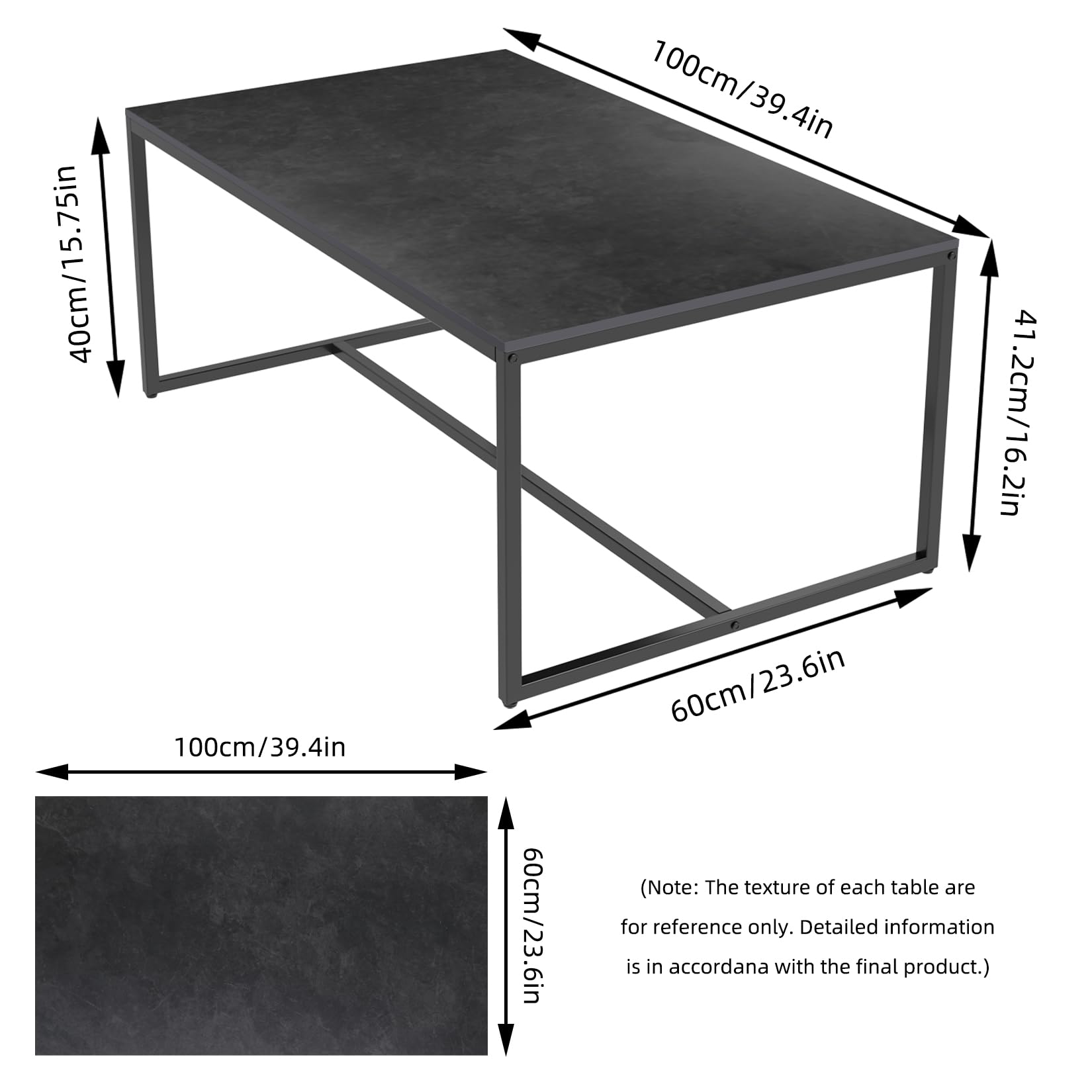 Wisfor Sintered Stone Coffee Table - Black Rectangular Sofa Center Table with Sturdy Metal Frame - Modern Living Room Furniture Decor (39.4x23.6x15.7 Inch) - Perfect for Small Spaces, Apartments & Cozy Home Gatherings