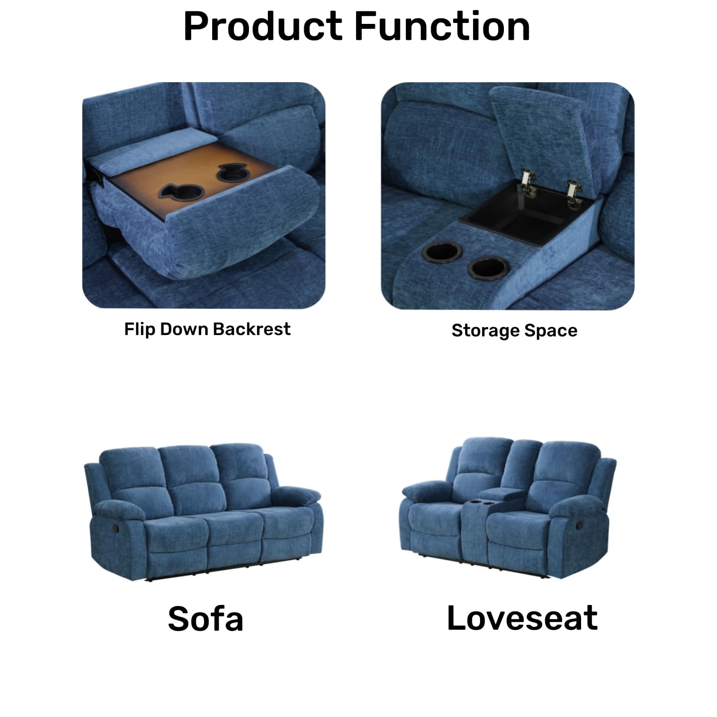 2-Piece Recliner Sofa Set - Blue Fabric Reclining Sofa & Loveseat for Living Room, Office & Home Theater - Comfortable Modern Furniture Set for Relaxing, Movie Nights & Family Gatherings