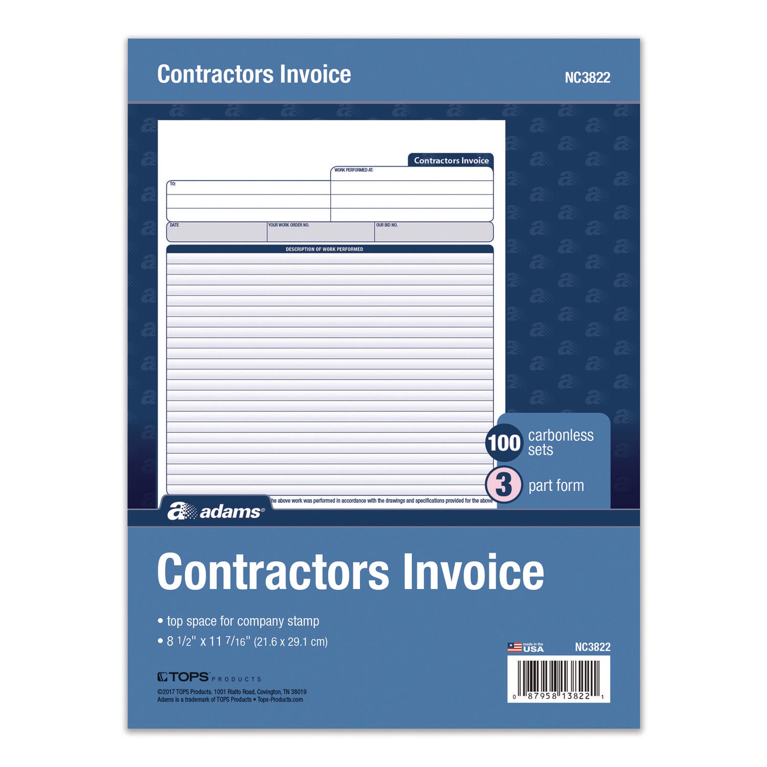 Adams® Multipart Contractor Invoice Forms - 3-Part Carbonless, 8.5