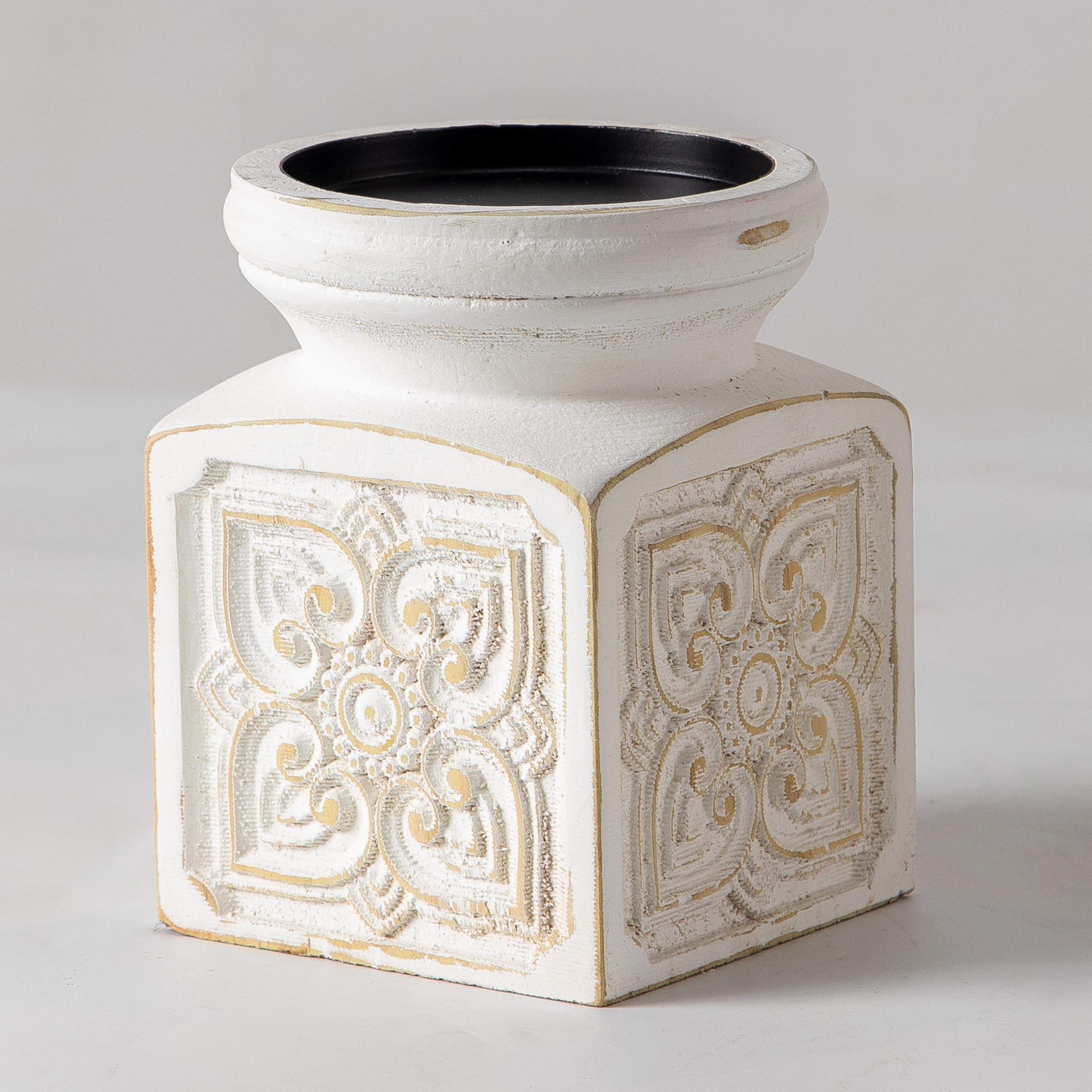 SOFE Antique White Wooden Candle Holder - Large Rustic Pillar Candle Stand with Floral Patterns, Handmade Table Centerpiece for Living Room, Wedding, Dining Room Decor - Perfect for Romantic Dinners, Holiday Decorations and Cozy Home Aesthetics