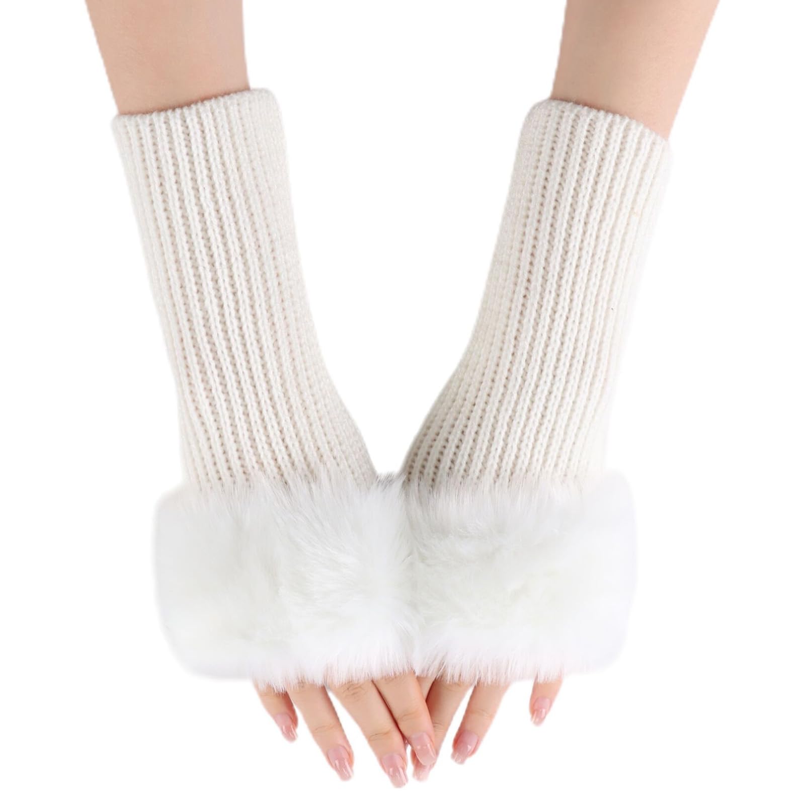 Women's Fingerless Knit Gloves - Winter Arm Warmers with Thumb Hole & Faux Fur Cuff | Cozy Hand Mittens for Typing, Driving & Outdoor Activities