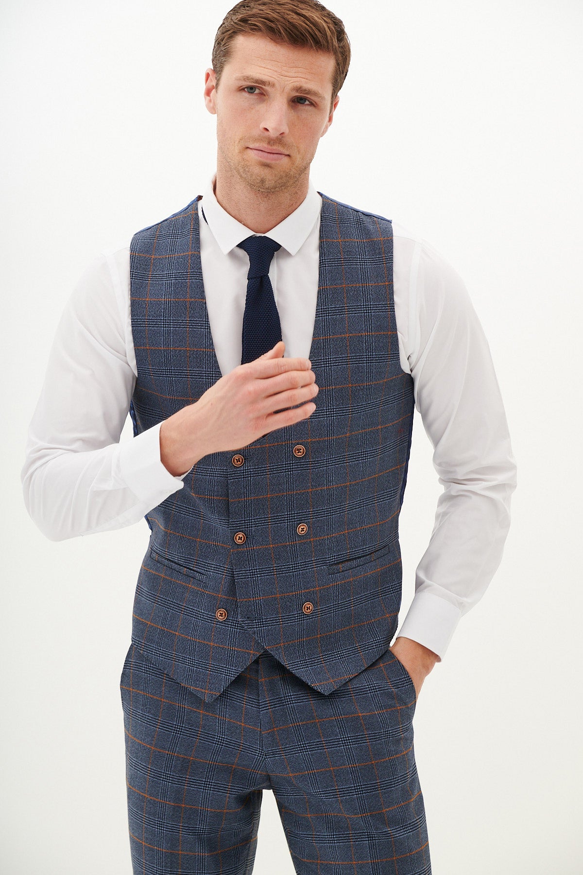 JENSON Men's Sky Blue Check Suit with Double Breasted Waistcoat - Formal Business Attire for Weddings, Office & Special Occasions