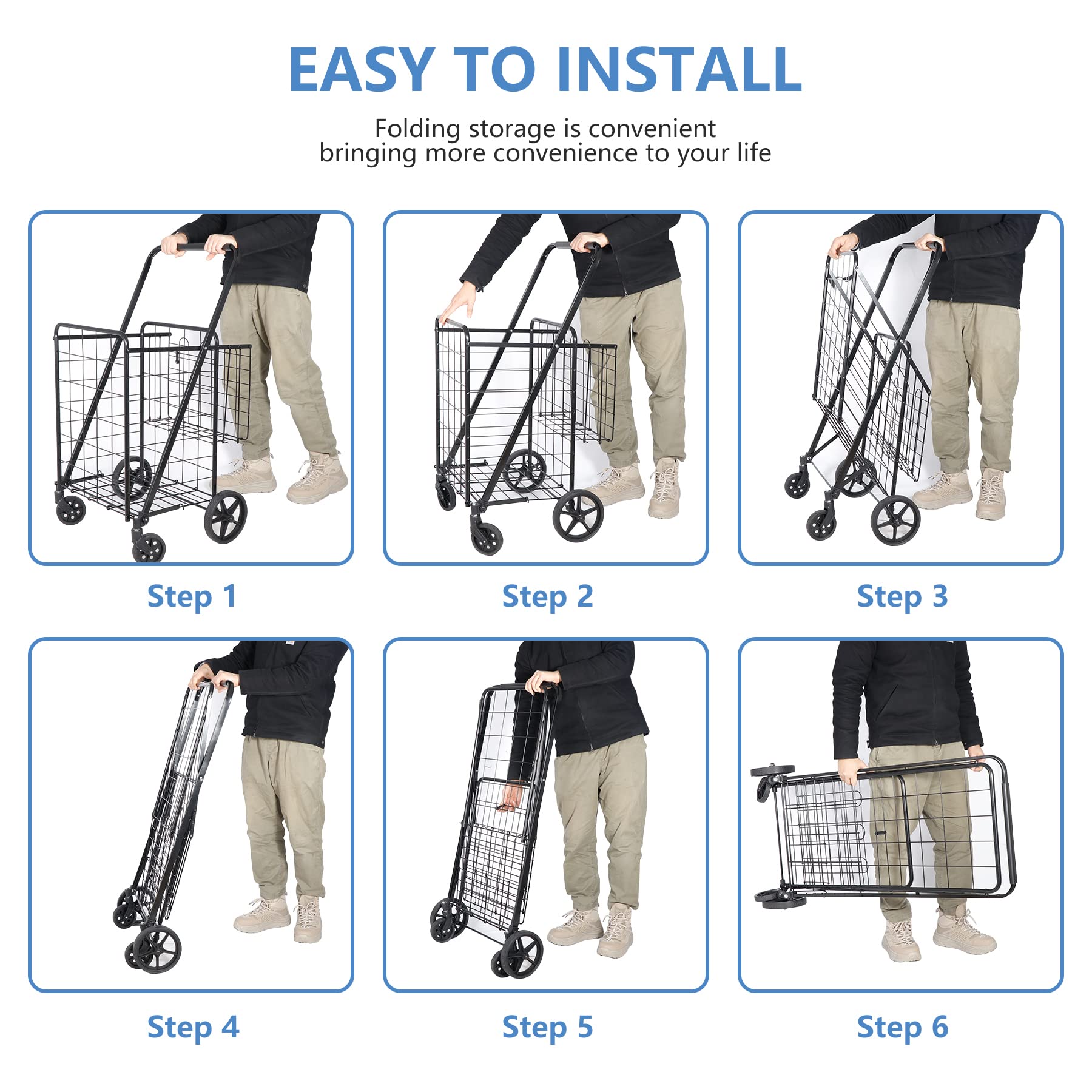 Foldable Shopping Cart with Wheels - Double Basket Grocery Cart for Laundry, Books, Luggage & Travel - Heavy Duty & Portable - Ideal for Grocery Shopping, College Dorms, Beach Trips & Airport Use (Black)