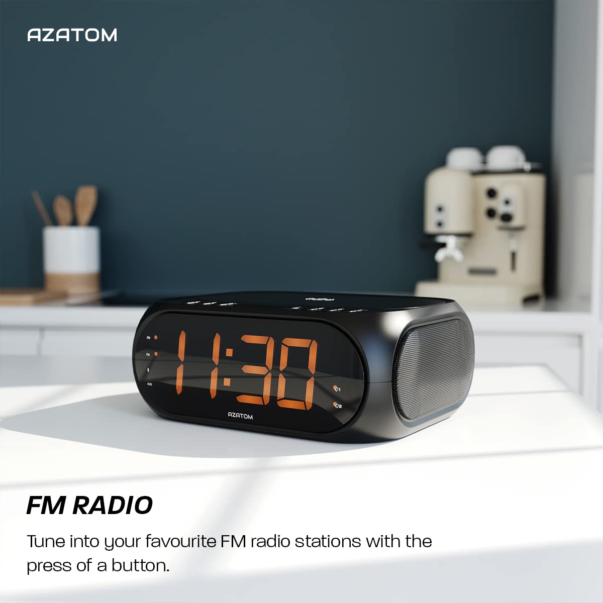 AZATOM Homehub Compact Bluetooth Alarm Clock with QI Wireless Fast Charger for iPhone & Android - Bedside Nightstand, Office Desk, Travel (Black)