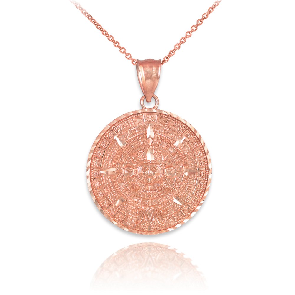 14K Rose Gold Aztec Mayan Calendar Charm Pendant Necklace with Adjustable Rolo Chain - Perfect for Boho Jewelry, Gift Giving & Spiritual Fashion Accessories