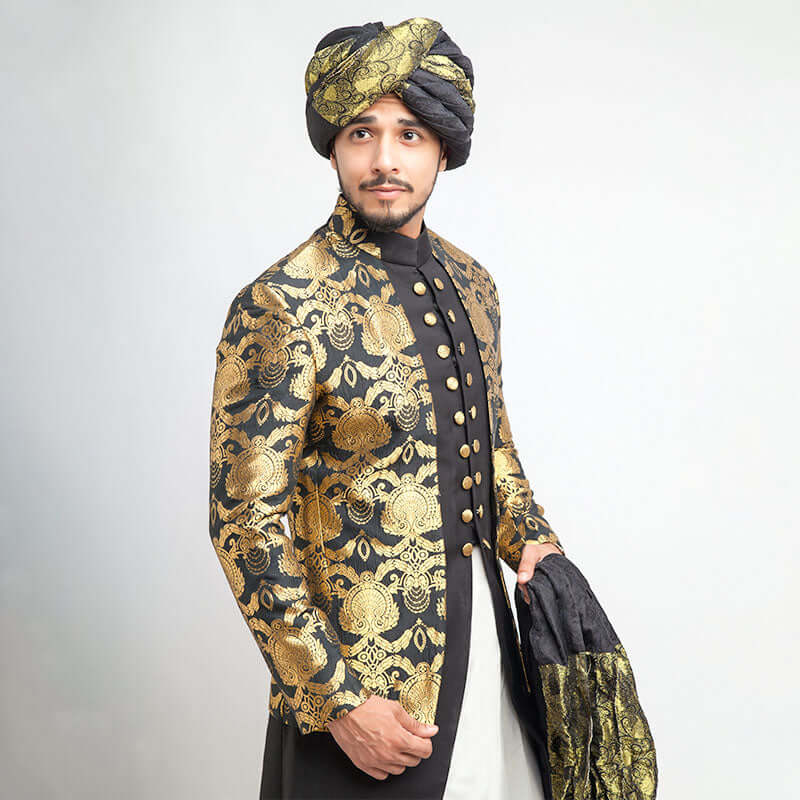 Elegant Black and Gold Jamavar Sherwani Set for Men | Traditional Indian Wedding Outfit | Perfect for Groom, Groomsmen & Special Occasions