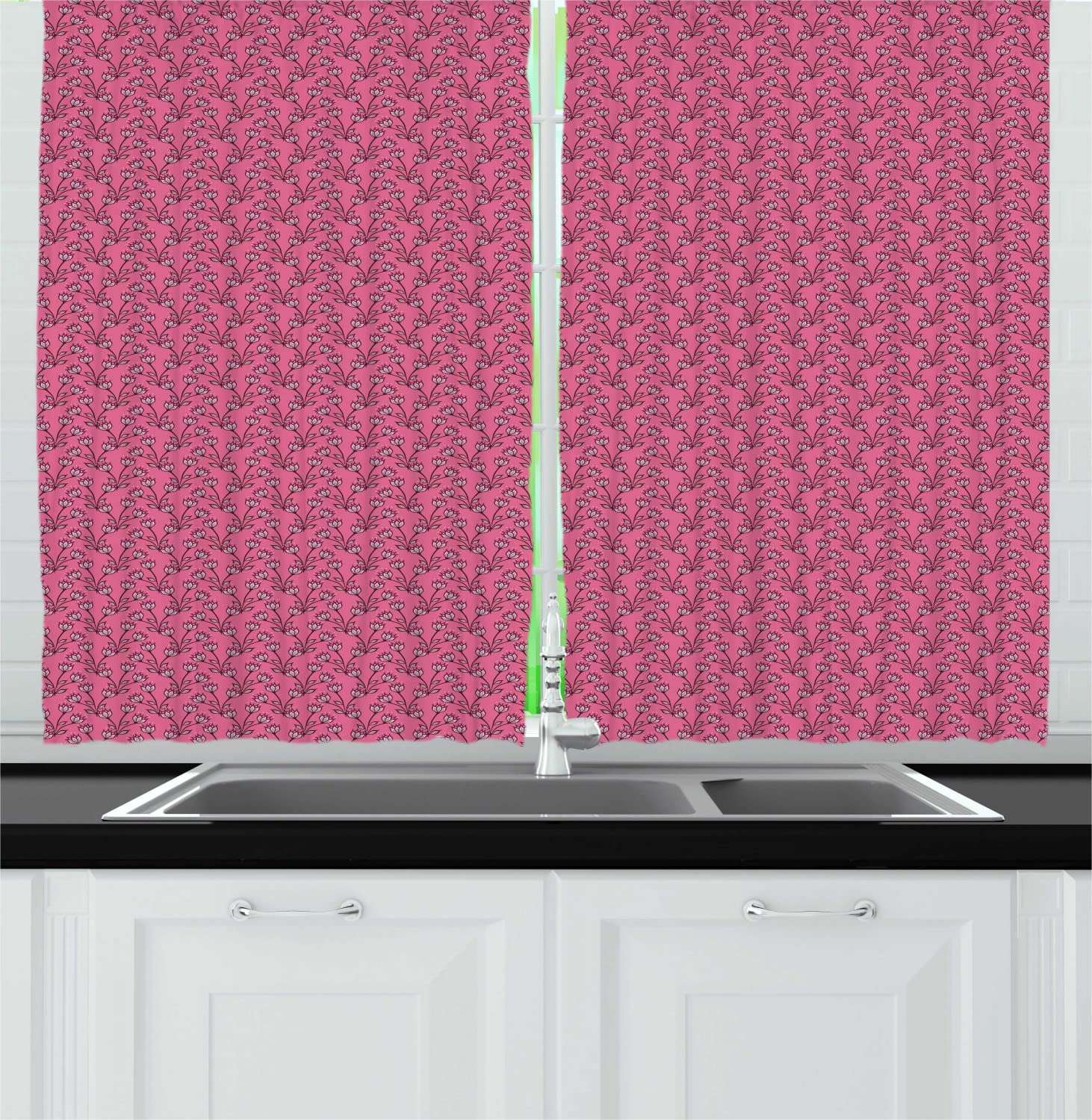 Ambesonne Floral Long Kitchen Curtains - Vintage Garden Art Abstract Flower Print Drapes with Rod Pocket, 55