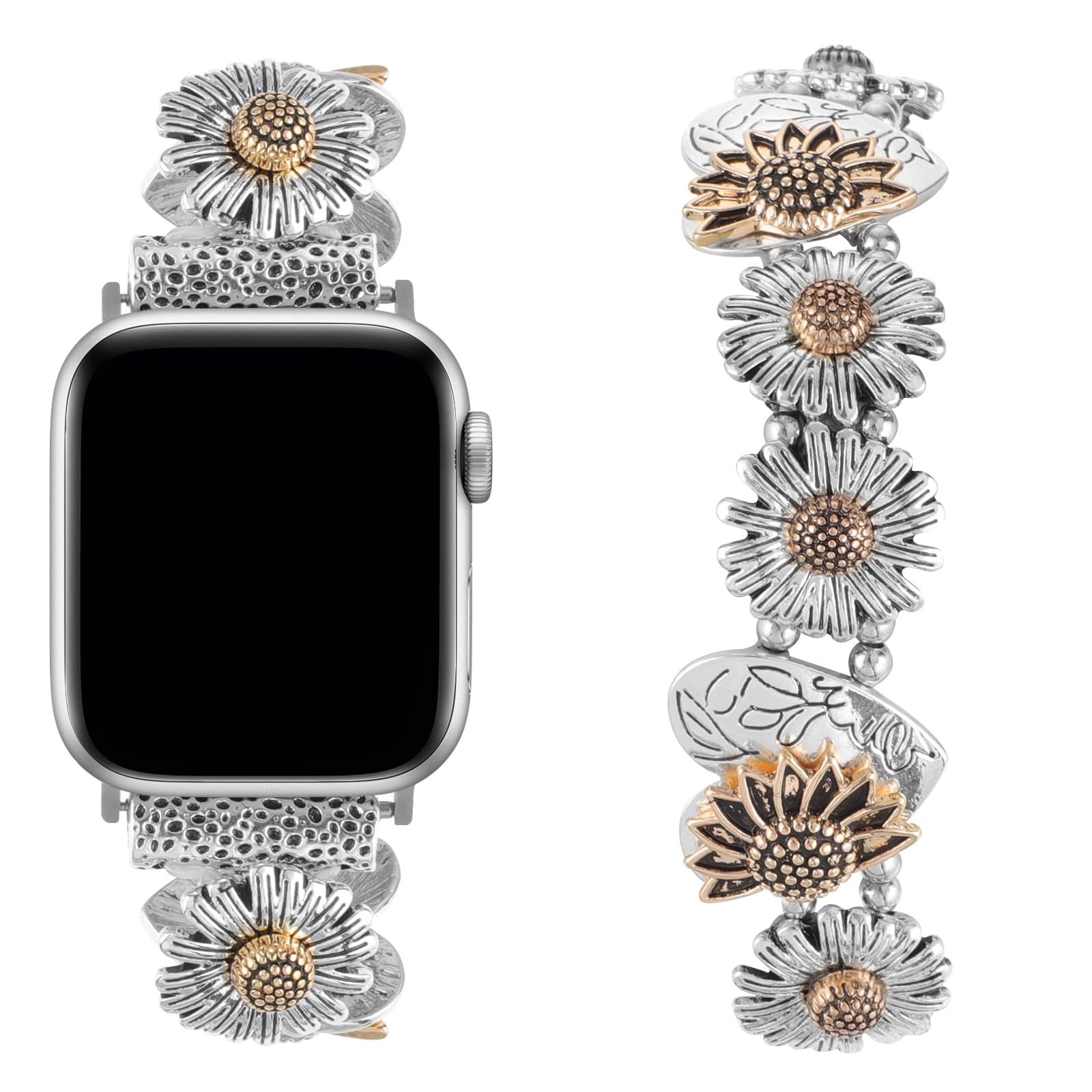 Stretchy Metal Apple Watch Bands Compatible with 38mm 40mm 41mm 42mm 44mm 45mm 49mm - Women's Fashion Elastic Sunflower Heart Design Stainless Steel Wristband for iWatch Series 9/8/7/6/5/4/3/2/SE - Perfect for Workouts, Office Wear & Everyday Fashion Accessories