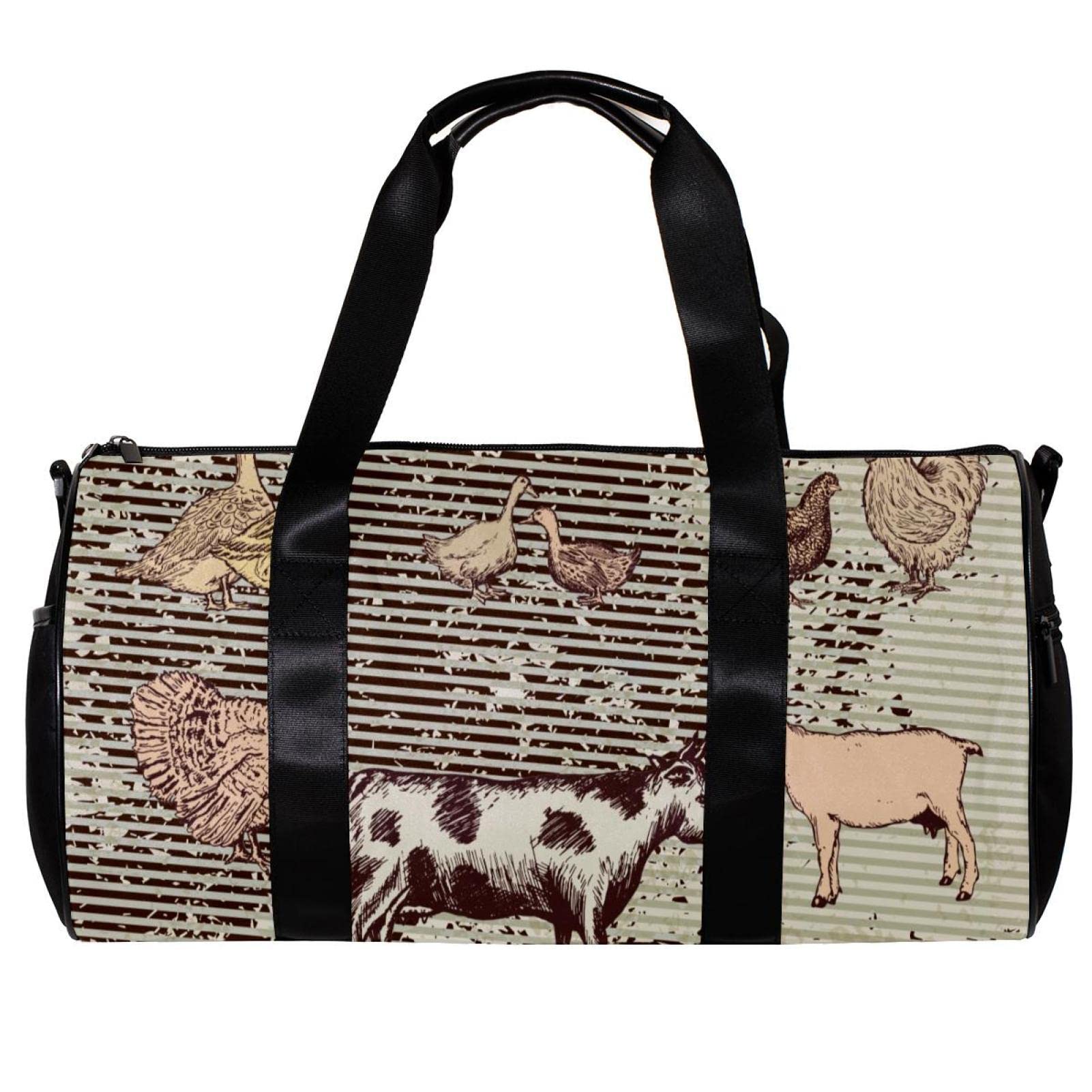 Gym Duffle Bag for Women & Men - Large Sports Bag with Farm Animal Print (Cows, Sheep, Pigs, Ducks) - Dark Brown - Perfect for Gym, Travel, Workout & Sports Training