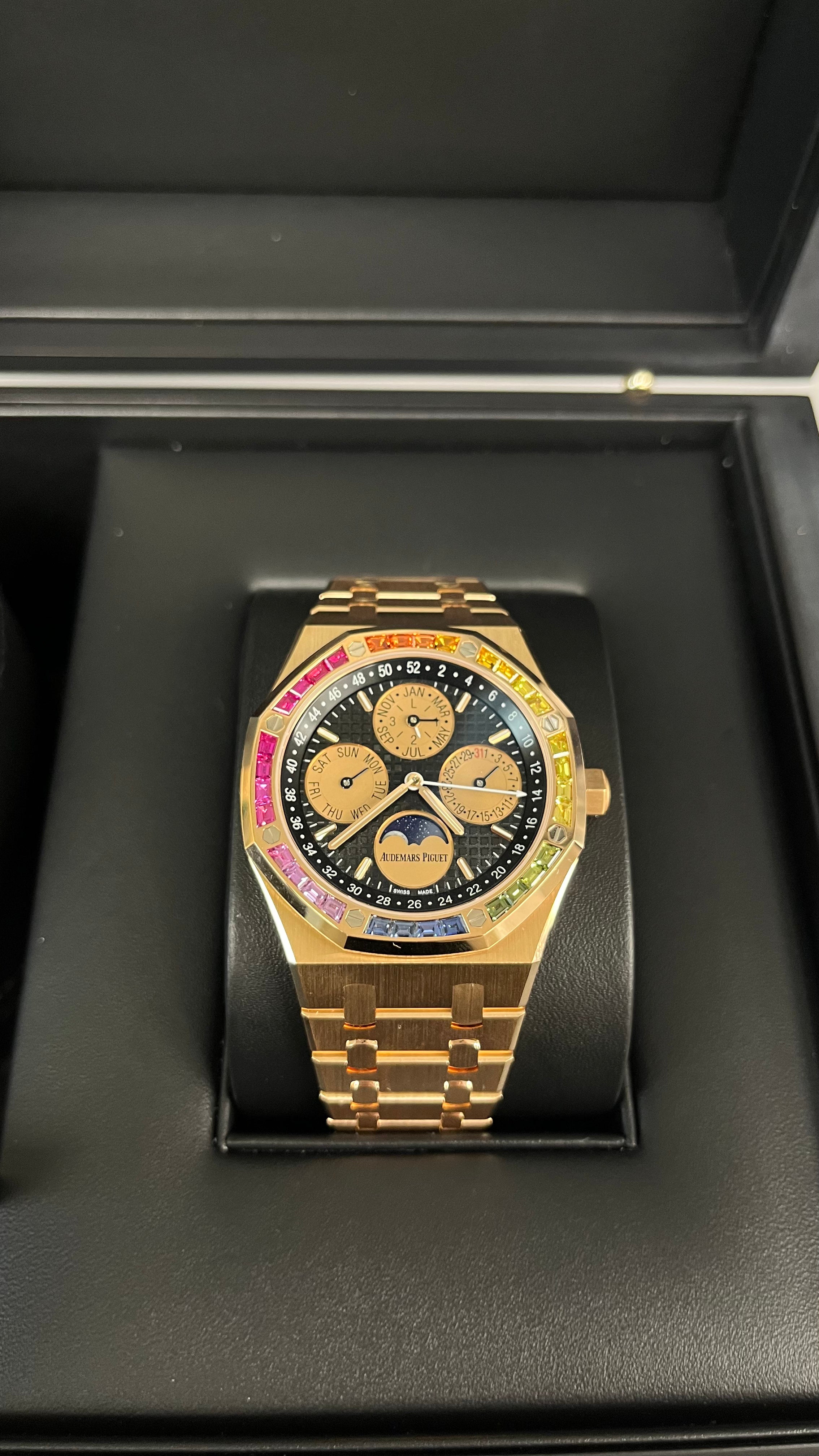 Audemars Piguet Royal Oak Perpetual Calendar 41mm 18K Rose Gold Watch with Rainbow Gemstones - Limited Edition of 20 Pieces (Ref. 266140) - Luxury Collector's Timepiece for Special Occasions & Investment