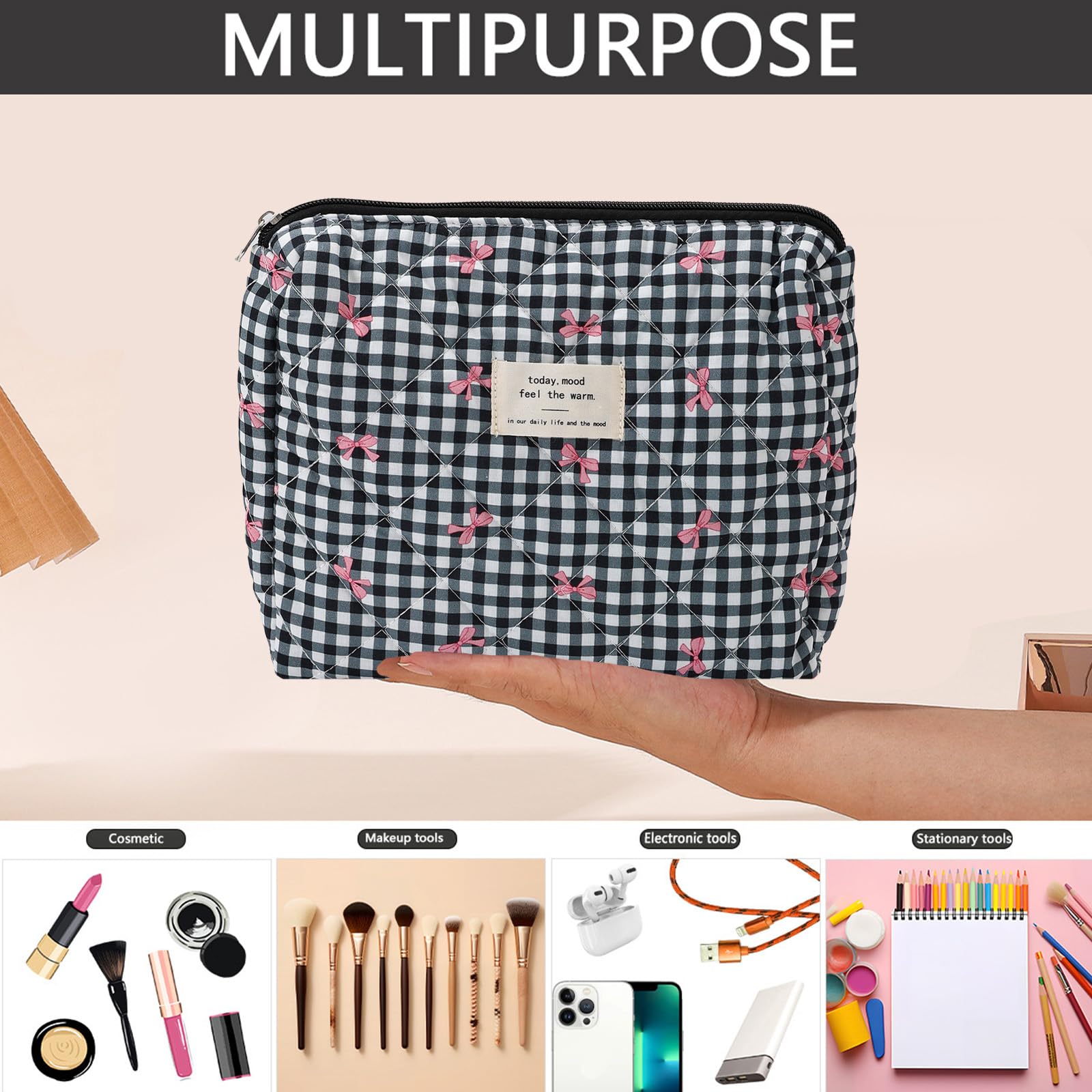 LYDZTION Quilted Makeup Bag for Women & Girls - Coquette Bow Cosmetic Pouch, Cotton Travel Toiletry Organizer with Zipper, Portable Versatile Storage Bag (Black) - Perfect for Travel, Gym, Daily Essentials & Gift Giving