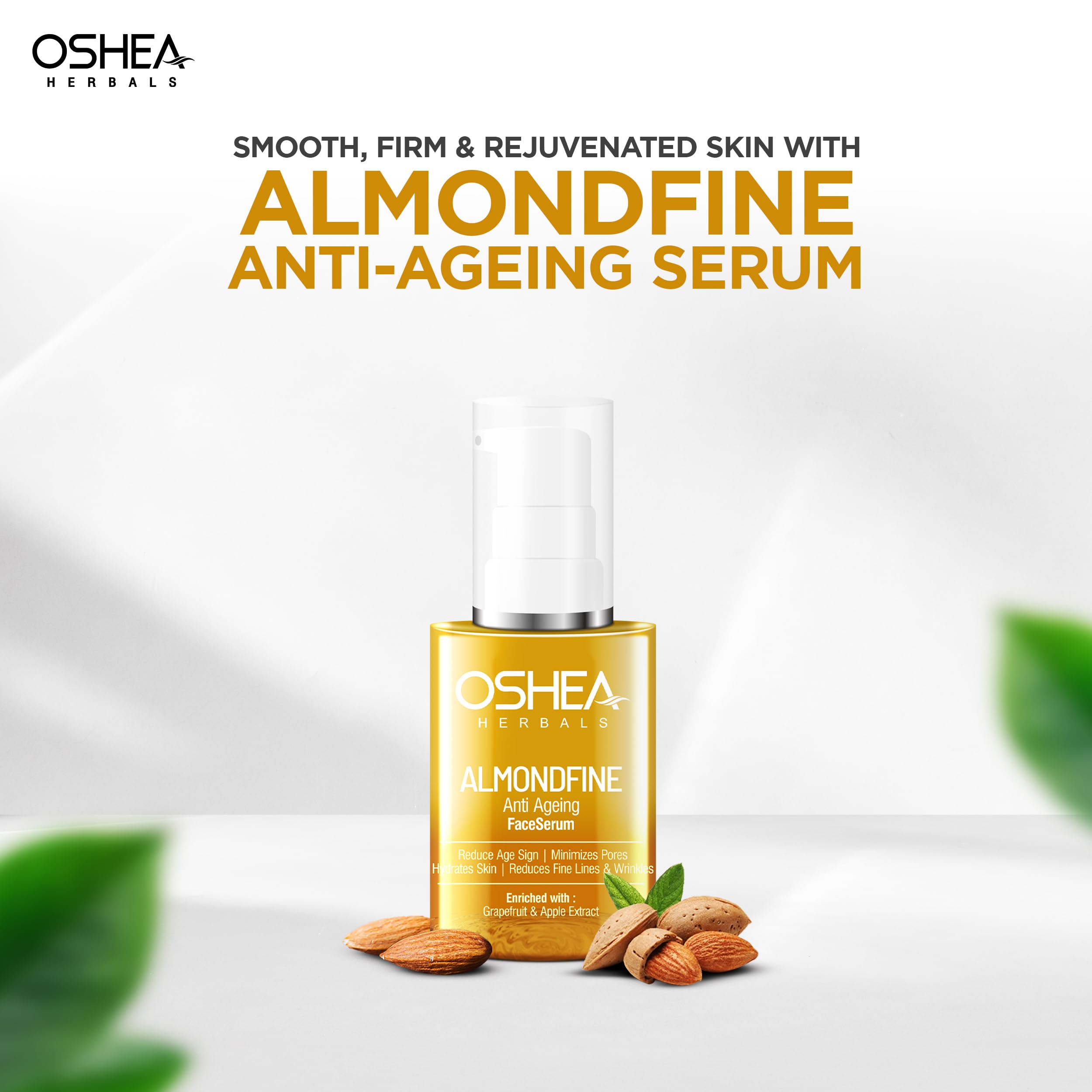 Oshea Herbals Almondfine Anti-Aging Face Serum for Normal Skin – Hydrating Formula Reduces Fine Lines & Wrinkles | Enriched with Grapefruit & Apple Extracts | 30ml | Perfect for Daily Skincare Routine & Nighttime Rejuvenation