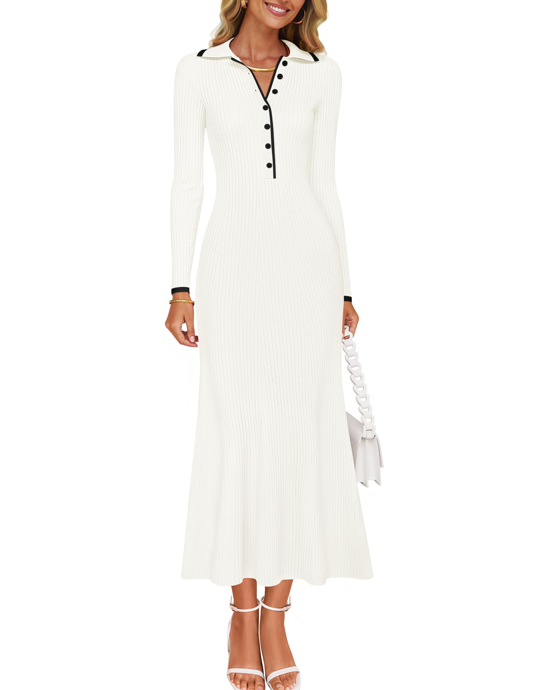 ZESICA Women's Long Sleeve Sweater Dress - 2025 Spring V Neck Ribbed Knit Bodycon Maxi Dress for Casual, Office & Cocktail Parties | Warm Winter Outfit & Holiday Party Dress