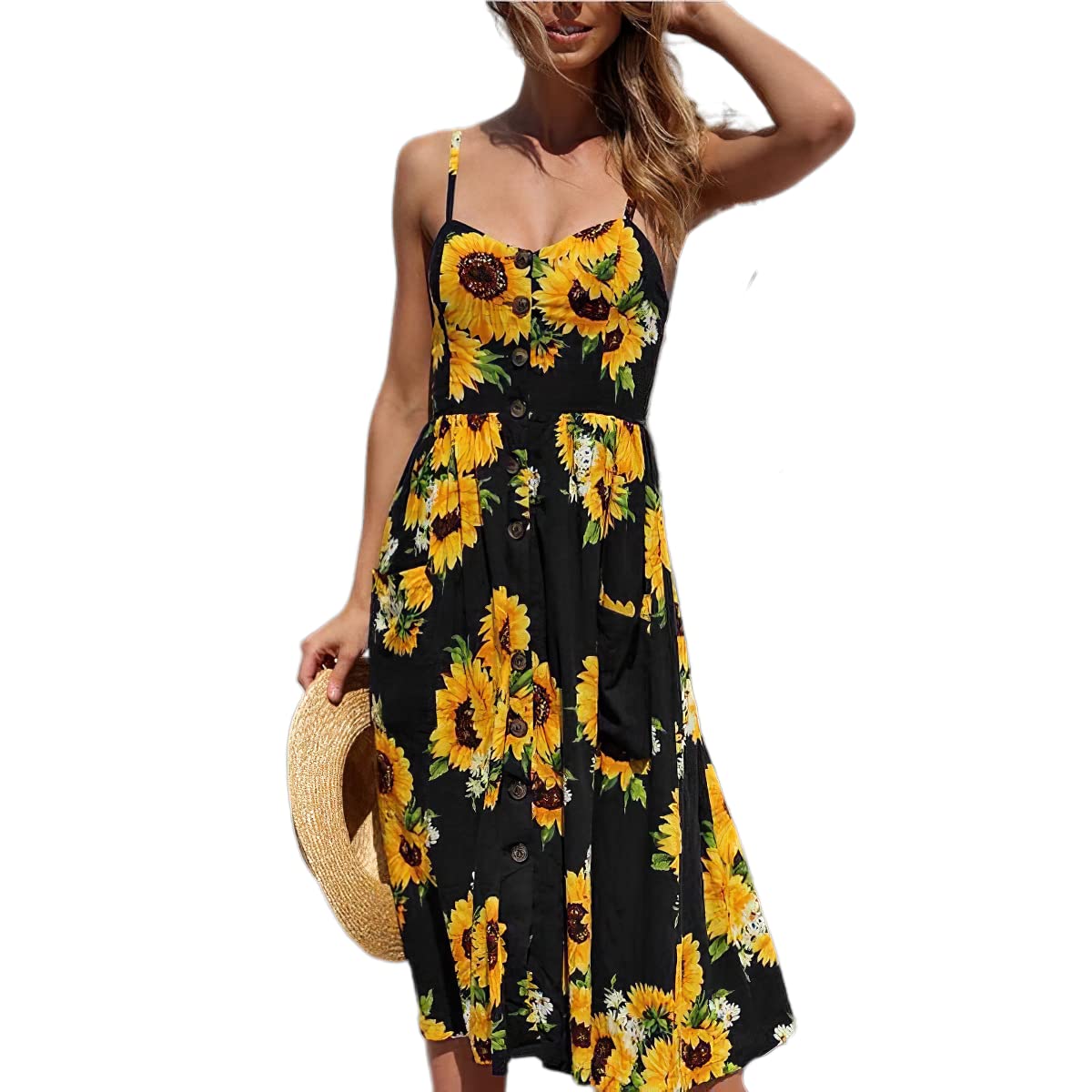 TIAFORD Women's Floral Sunflower Spaghetti Strap Midi Dress - Sleeveless Button Down Summer Dress with Pockets for Beach, Vacation & Casual Outings
