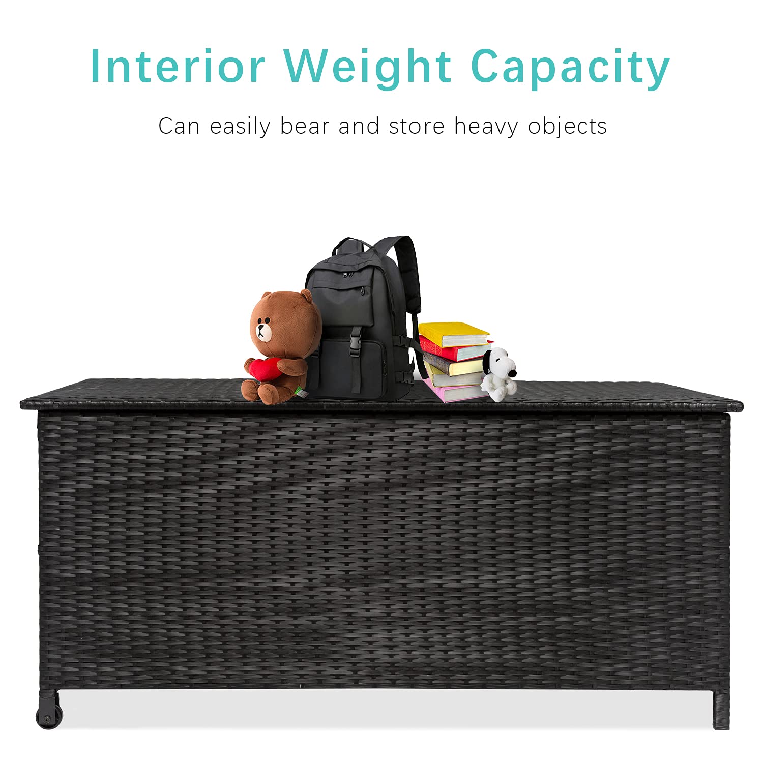 120 Gallon Outdoor Deck Box Storage Container - Rattan Wicker Patio Storage with Wheels & Handles for Furniture Cushions, Garden Tools, Pool Toys | Weatherproof Deck Box for Backyard, Patio, Poolside (Black)