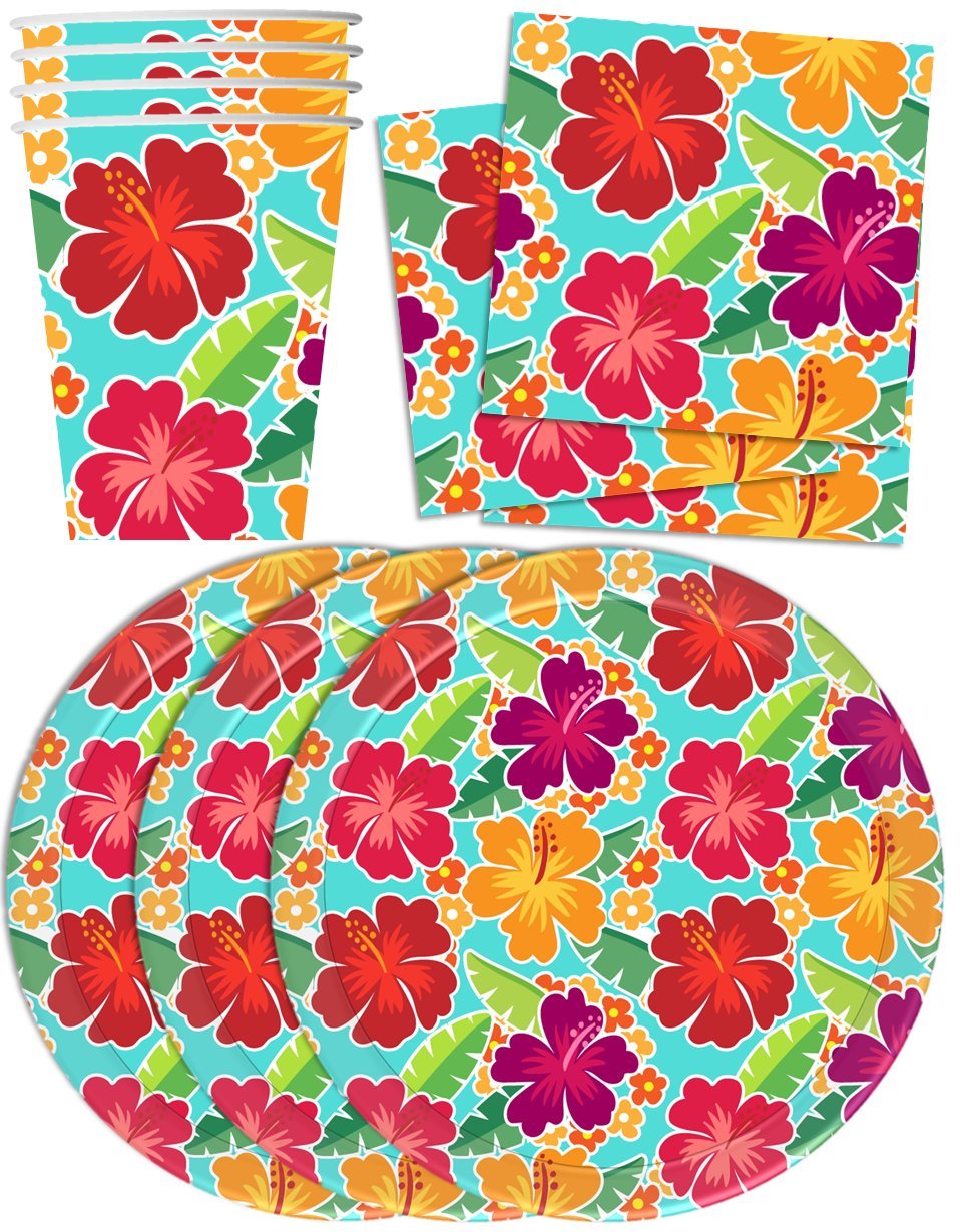 Hawaiian Hibiscus Flower Birthday Party Supplies Set - 16-Piece Tableware Kit with Plates, Napkins & Cups - Perfect for Luau, Tropical & Beach Themed Parties