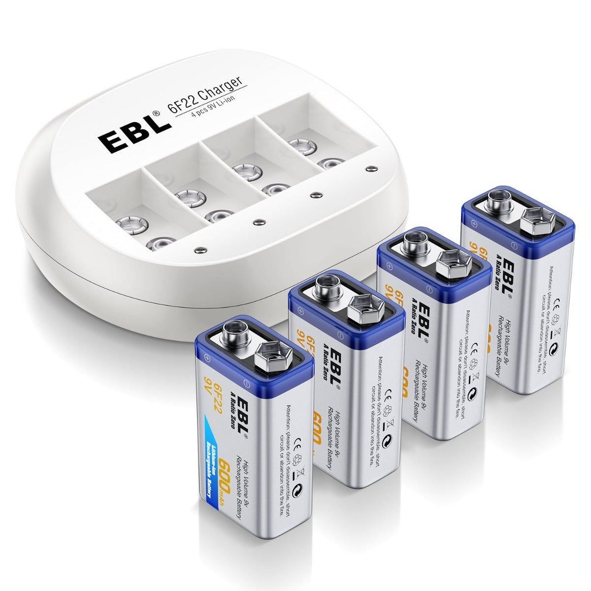 EBL 4-Pack 600mAh 9V Lithium Ion Rechargeable Batteries with 4-Bay Smart Charger - Perfect for Smoke Detectors, Guitar Pedals & Medical Devices