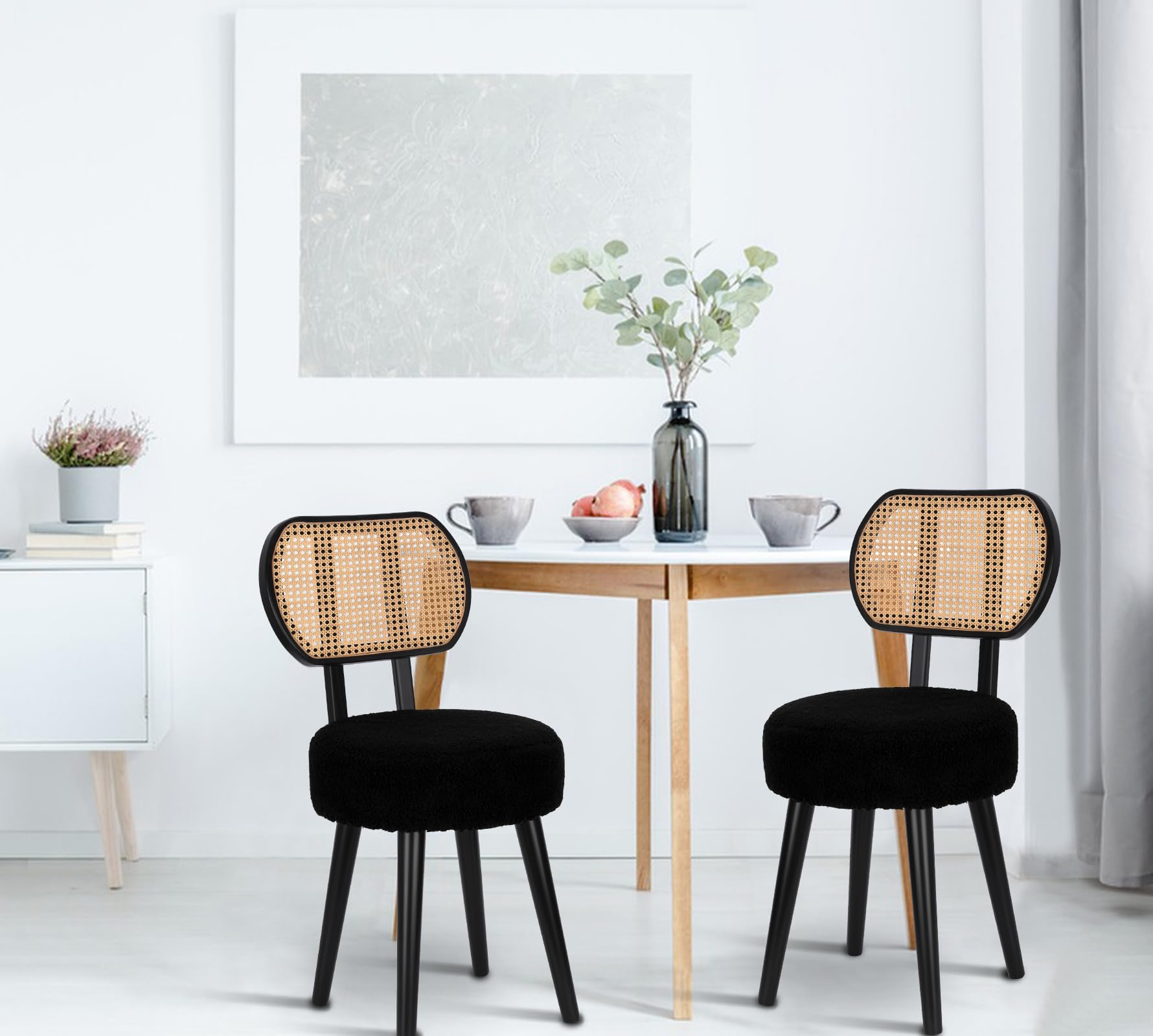 ZYBT Rattan Dining Accent Chair - Upholstered Wood Boucle Boho Mid Century Vanity Chair, 1 Piece - Perfect for Dining Room, Bedroom, or Boho Home Decor