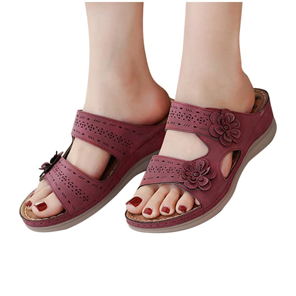 2022 Women's Orthotic Sandals - Fashion Wedge Sandals with Arch Support, Lightweight Athletic Flower Sandals in Red | Perfect for Walking, Travel & Summer Outfits