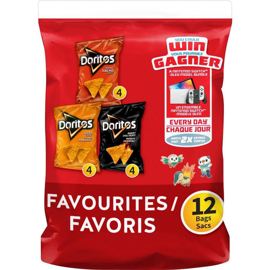 **Doritos Favorites Variety Pack - Nacho Cheese, Zesty Cheese & Sweet Chili Heat Flavors (12 Count, 28g/1 oz Bags) | Imported from Canada | Perfect for Parties, Snacking & Movie Nights**