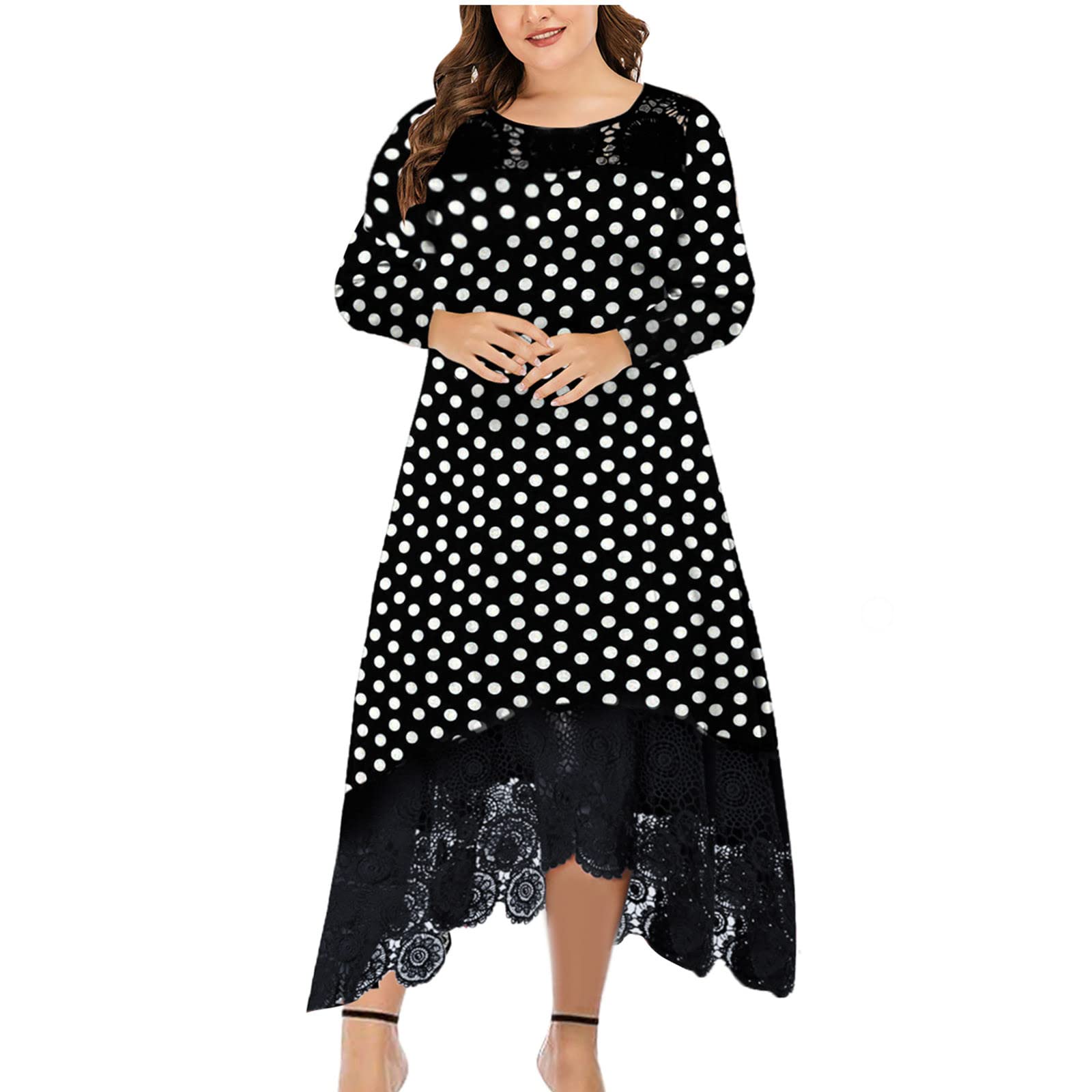 Elegant Polka Dot Prom Dress for Women - Lace Splicing Irregular Hem Party Gown, Plus Size Long Sleeve Formal Dress | Perfect for Homecoming, Evening Parties & Special Occasions