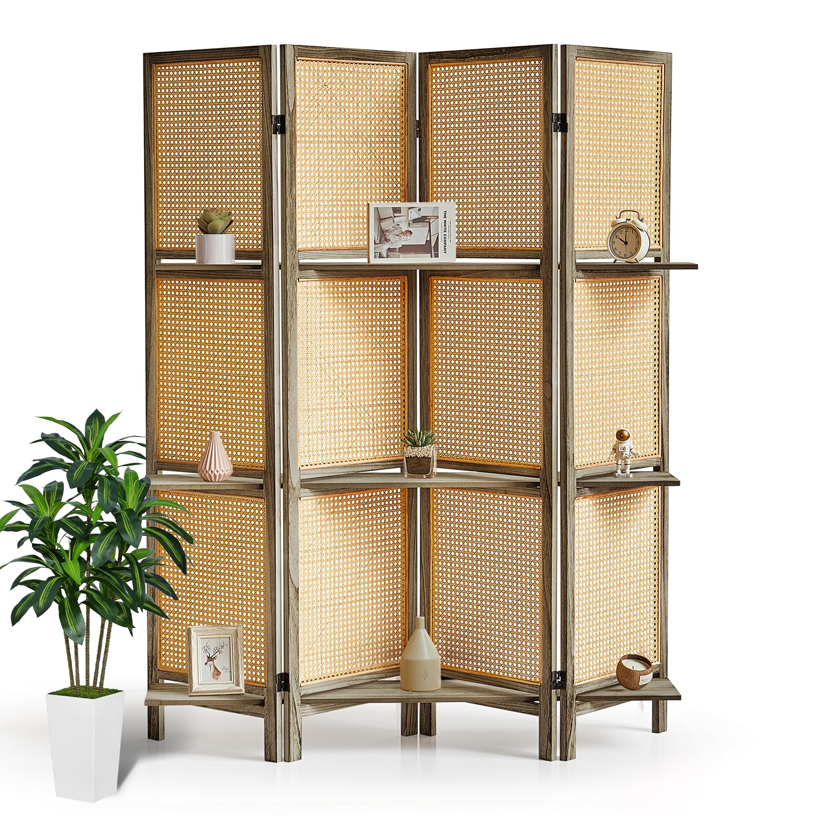 4 Panel Wooden Room Divider with Shelves - Foldable Rattan Privacy Screen, Portable Partition for Home & Office - Perfect for Room Separation, Dressing Room, Studio, or Event Decoration (Brown)