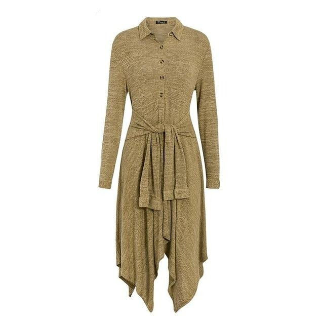 Elegant Asymmetrical A-Line Shirt Dress with High Waist Sash Bow - Midi Length Office Casual Dress for Women | Perfect for Fall Winter Workwear, Date Nights & Special Occasions