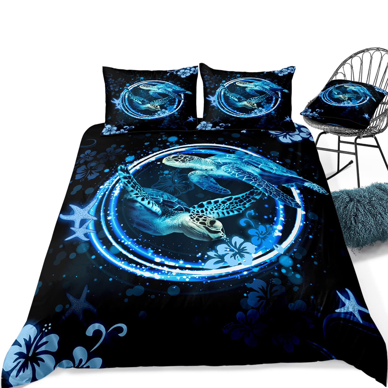 Merryword Queen Size Sea Turtle Duvet Cover Set - 3 Piece Ocean Blue Mandala Bedding with Shining Turtle Design for Kids, Boys & Girls | Perfect for Beach Themed Bedrooms, Coastal Decor, and Children's Underwater Adventure Rooms