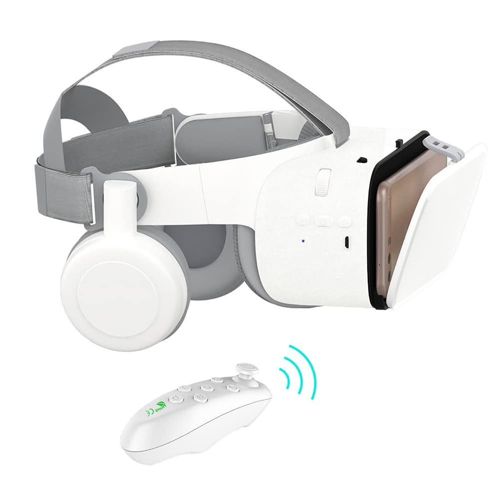 Thafikzi VR Headset with Remote Control - Virtual Reality Glasses for iPhone & Samsung Phones (iOS/Android Compatible) - 3D Movie & Gaming Headset with Bluetooth - Perfect for Home Entertainment & Immersive Experiences (White)