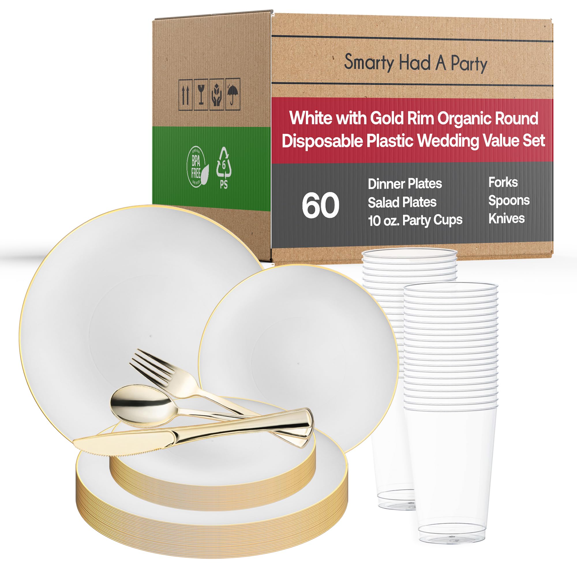 Eco-Friendly Disposable Plastic Plates with Elegant Gold Rim - Bulk Round Dinnerware for Wedding, Birthday Party, Picnic & Special Events (White & Gold, 60-Piece Wedding Set) - Perfect for Outdoor Gatherings, Catering & Home Entertaining