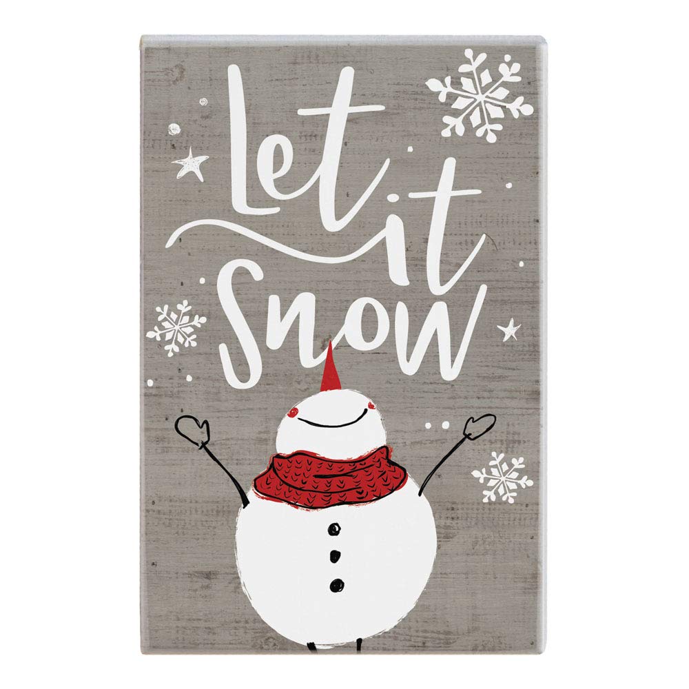 Let It Snow Snowman Winter Wooden Shelf Sitter Sign - Christmas Home Decor for Fireplace Mantel, Bookshelf & Holiday Display