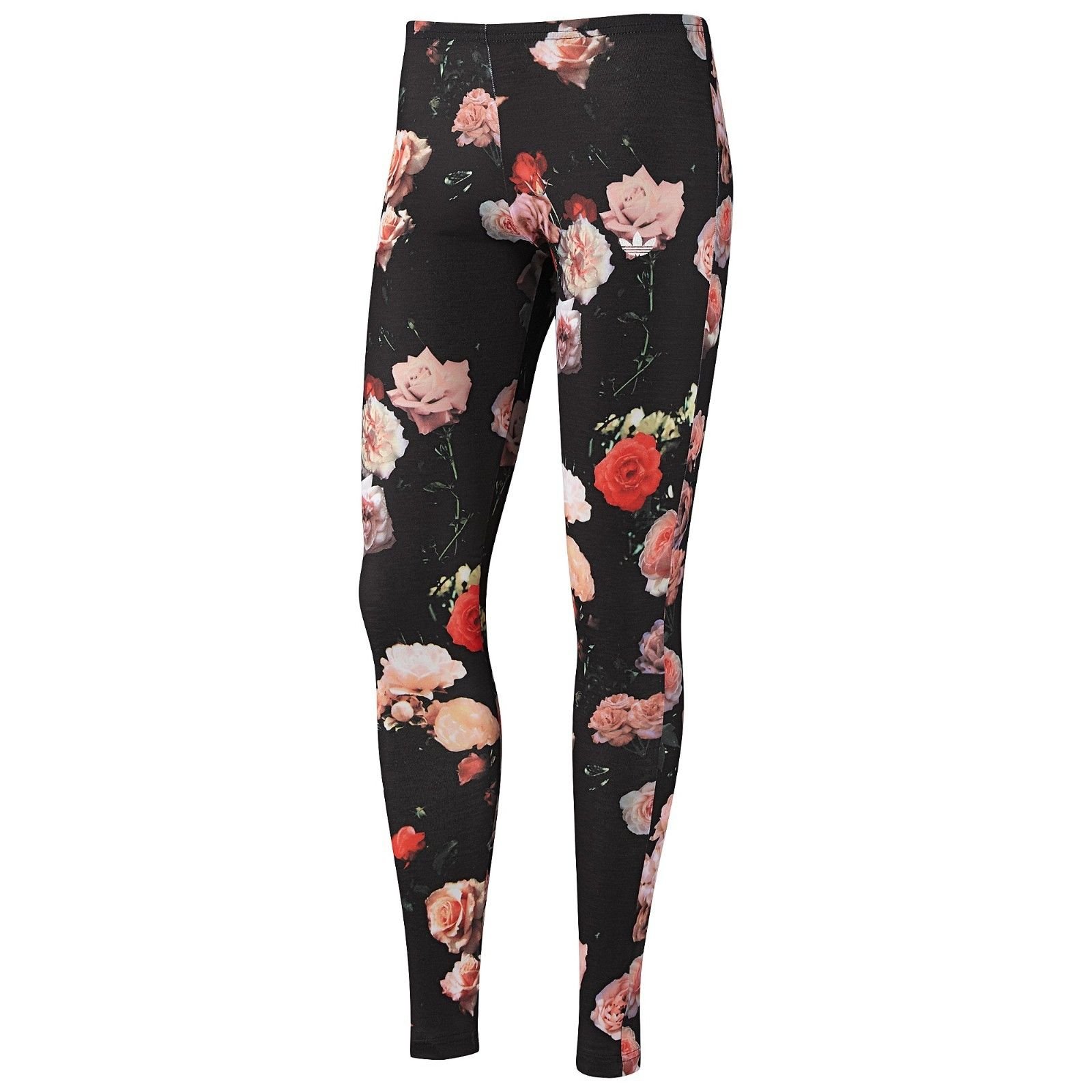 Adidas Originals Women's Trefoil Print High-Waist Yoga Leggings - Black/Rose Floral Design, XS (Size 28) | Gym Workout, Running, Lounge & Casual Wear