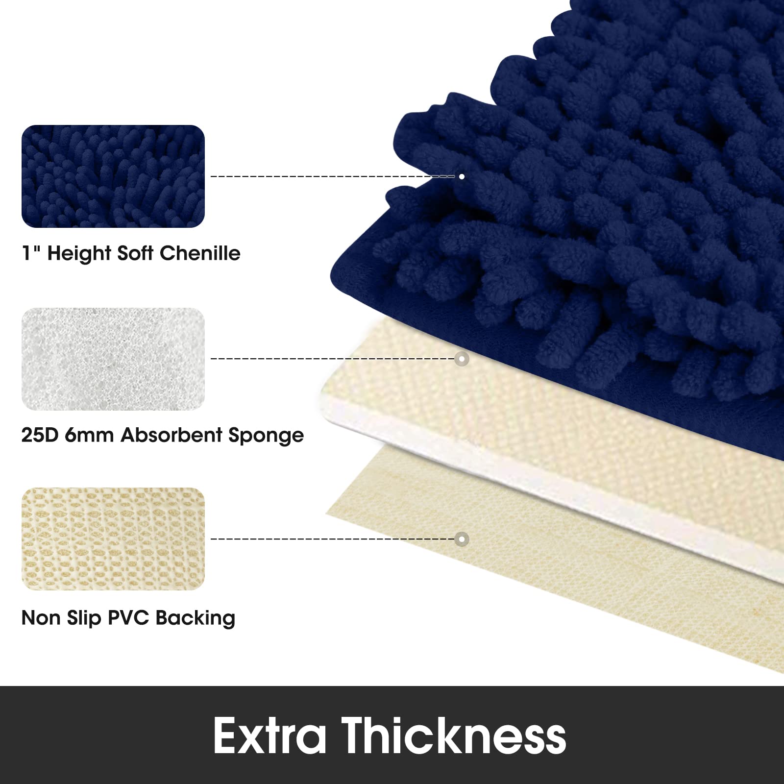 HOMEIDEAS Navy Blue Bathroom Rug Runner 17x47 Inch - Ultra Soft, Absorbent, Non-Slip Chenille Plush Shower Mat - Machine Washable Bath Carpet for Bathroom, Shower, and Vanity Areas - Perfect for Modern and Cozy Home Decor
