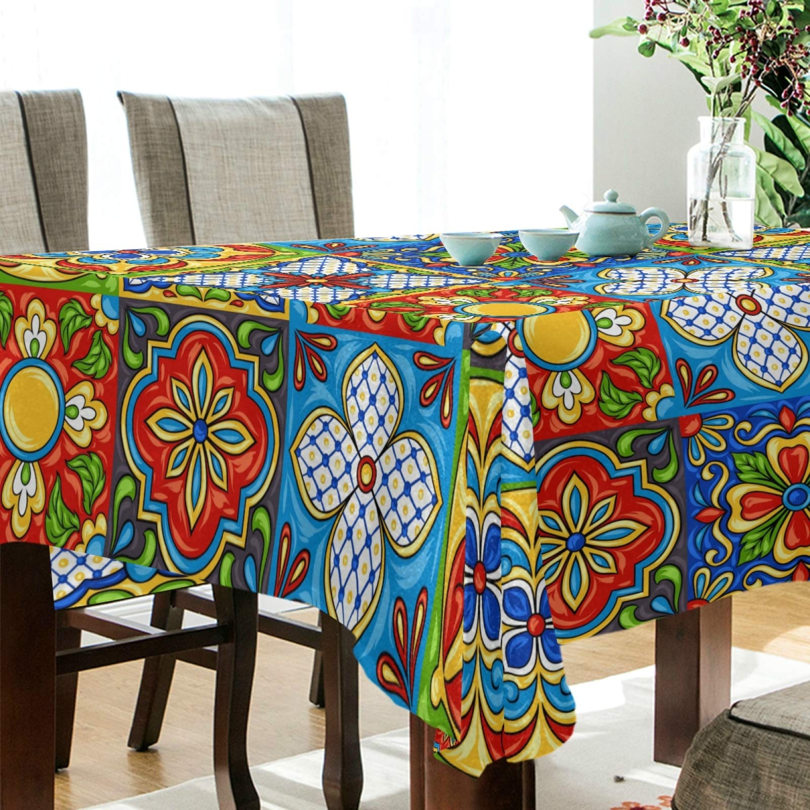 Qilmy Mexican Talavera Rectangle Tablecloth - Dust Proof, Anti-Wrinkle, Wipeable Table Cover for Kitchen, Dining, Wedding & Party Decor (54
